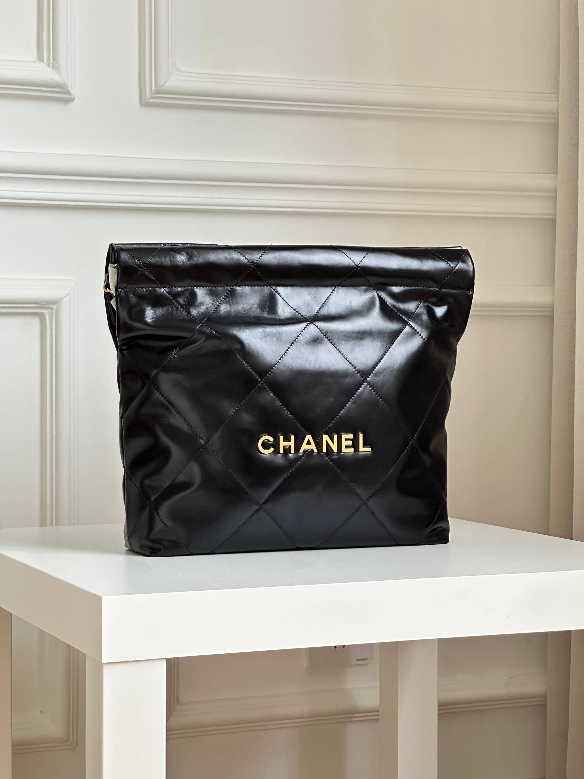 Chanel 22 Large Black Shiny Quilted Leather Tote Crossbody Bag