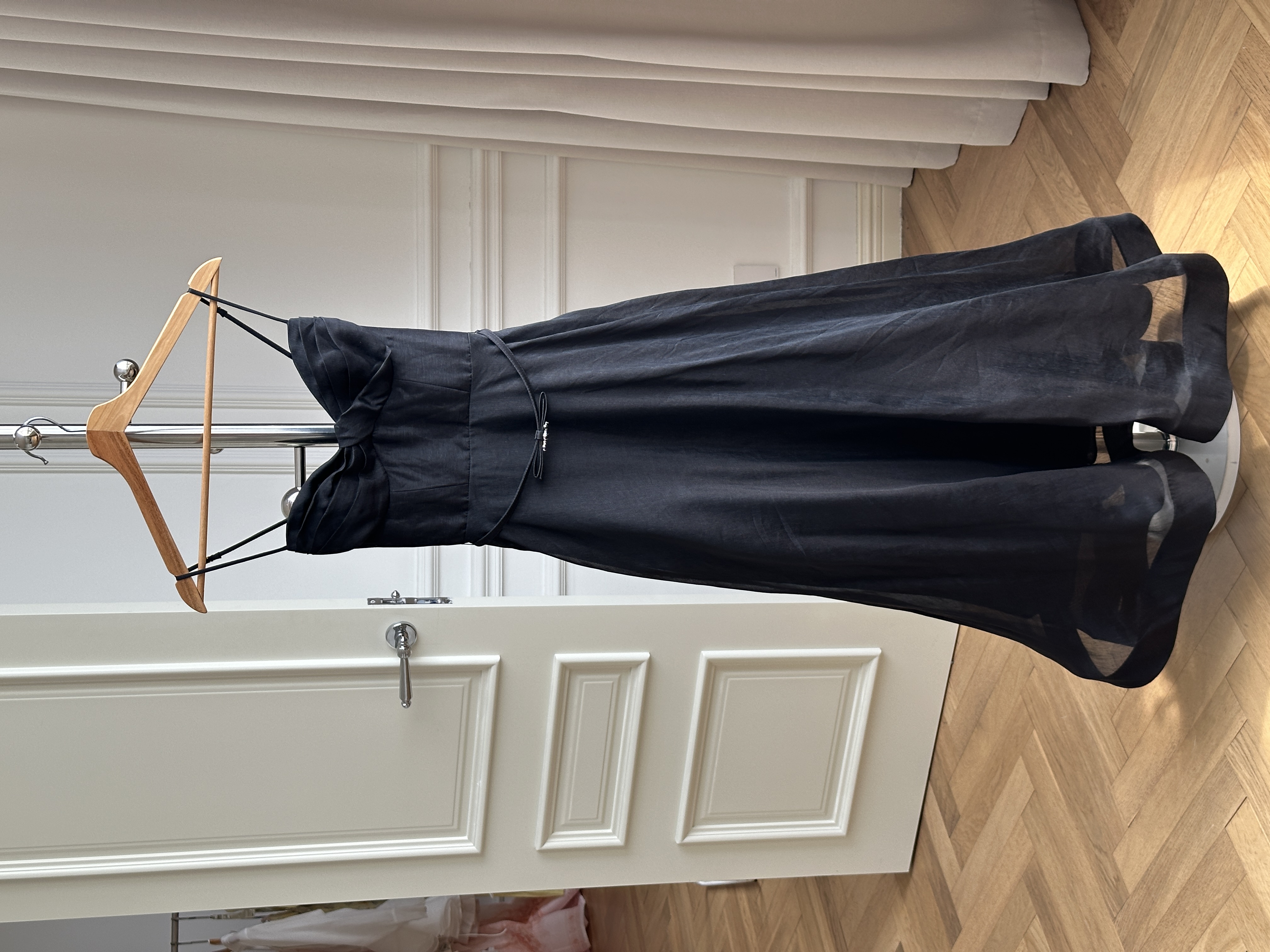 Black Twist Bustier Thin Strap Waist-Cinched Sheer Flowy Maxi Slip Dress