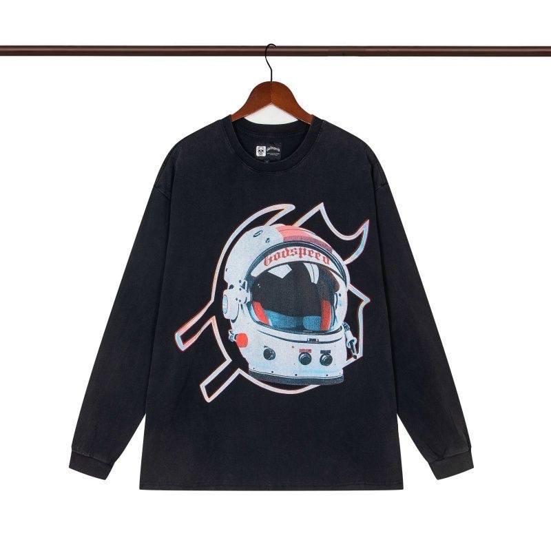 Godspeed Rocket Letter Printed Water Washed Vintage Loose Cotton Long Sleeve T-shirt