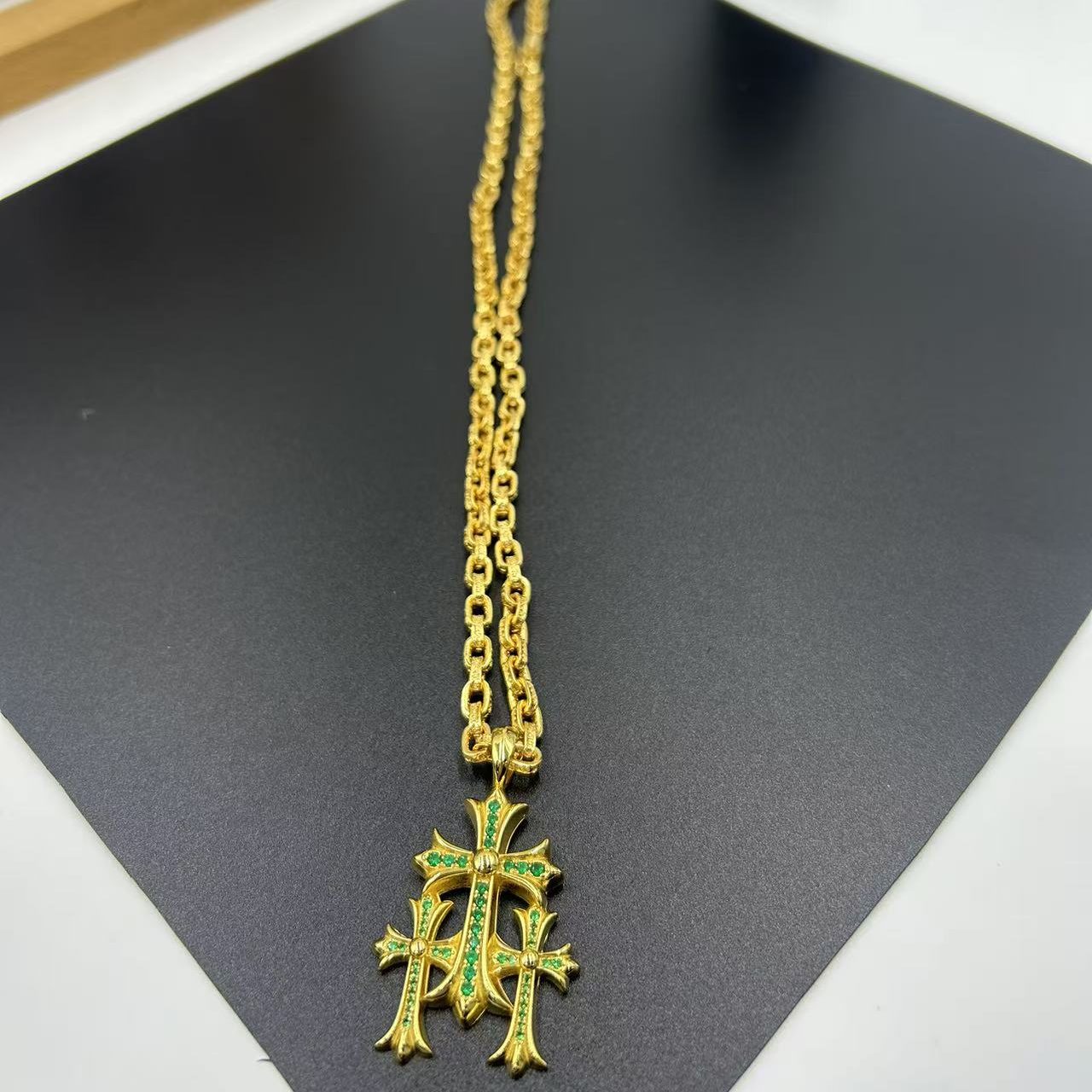 CHROME HEARTS 22K GOLD GREEN DIAMOND TRIPLE CROSS NECKLACE