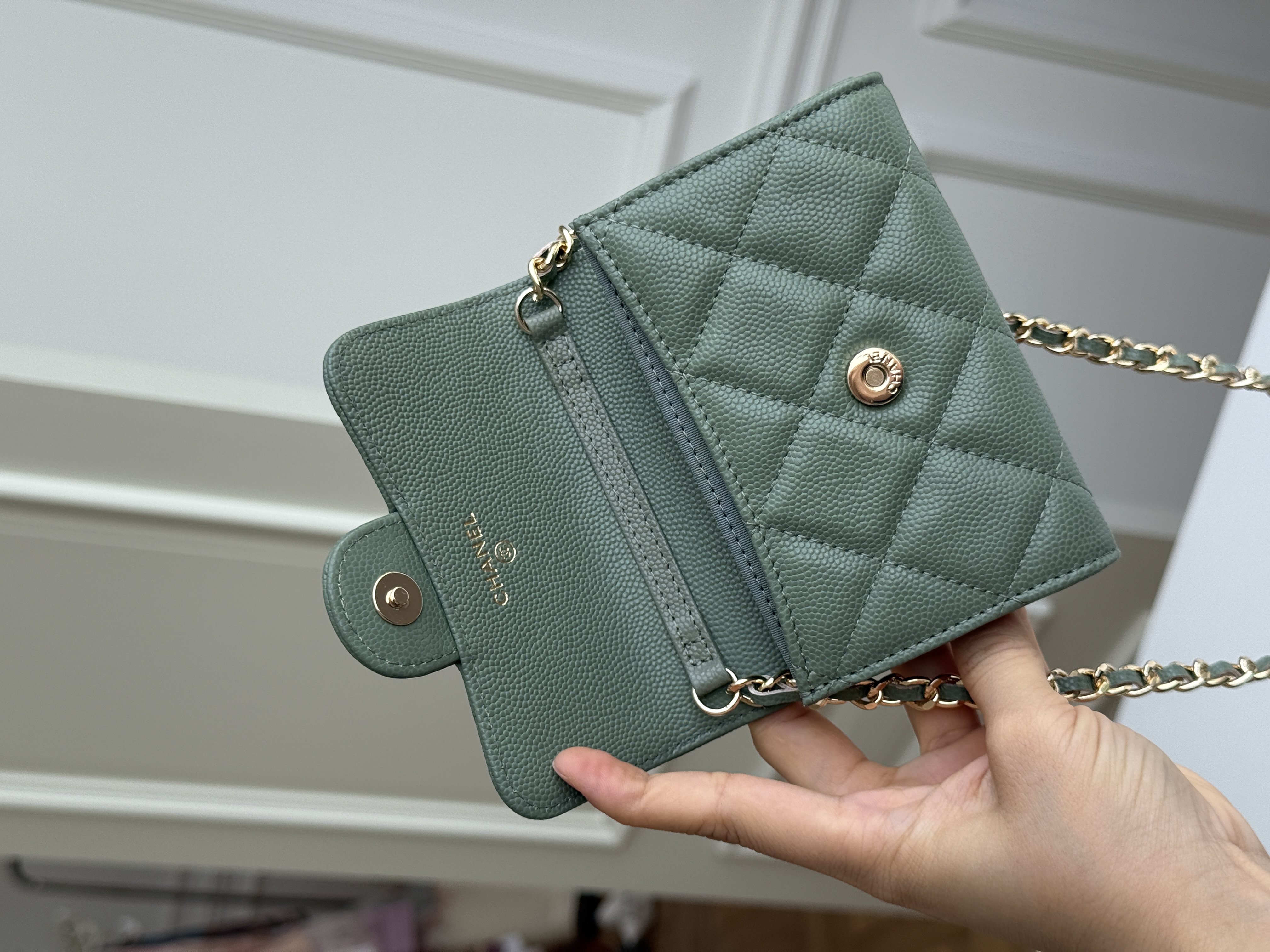 Chanel Sage Green Caviar Leather Mini Classic Flap Gold CC Chain Bag