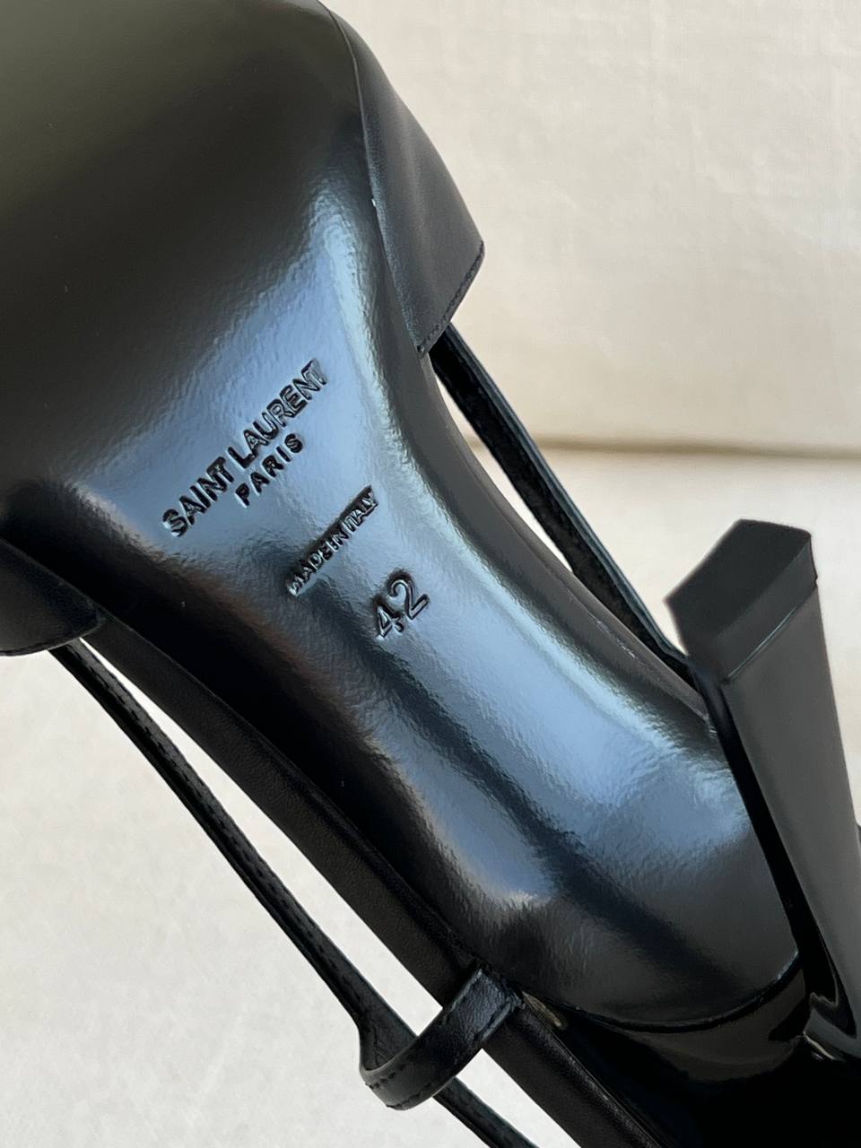 SAINT LAURENT Black Leather Metal YSL Logo Pointed Toe Slingback Stiletto Heels