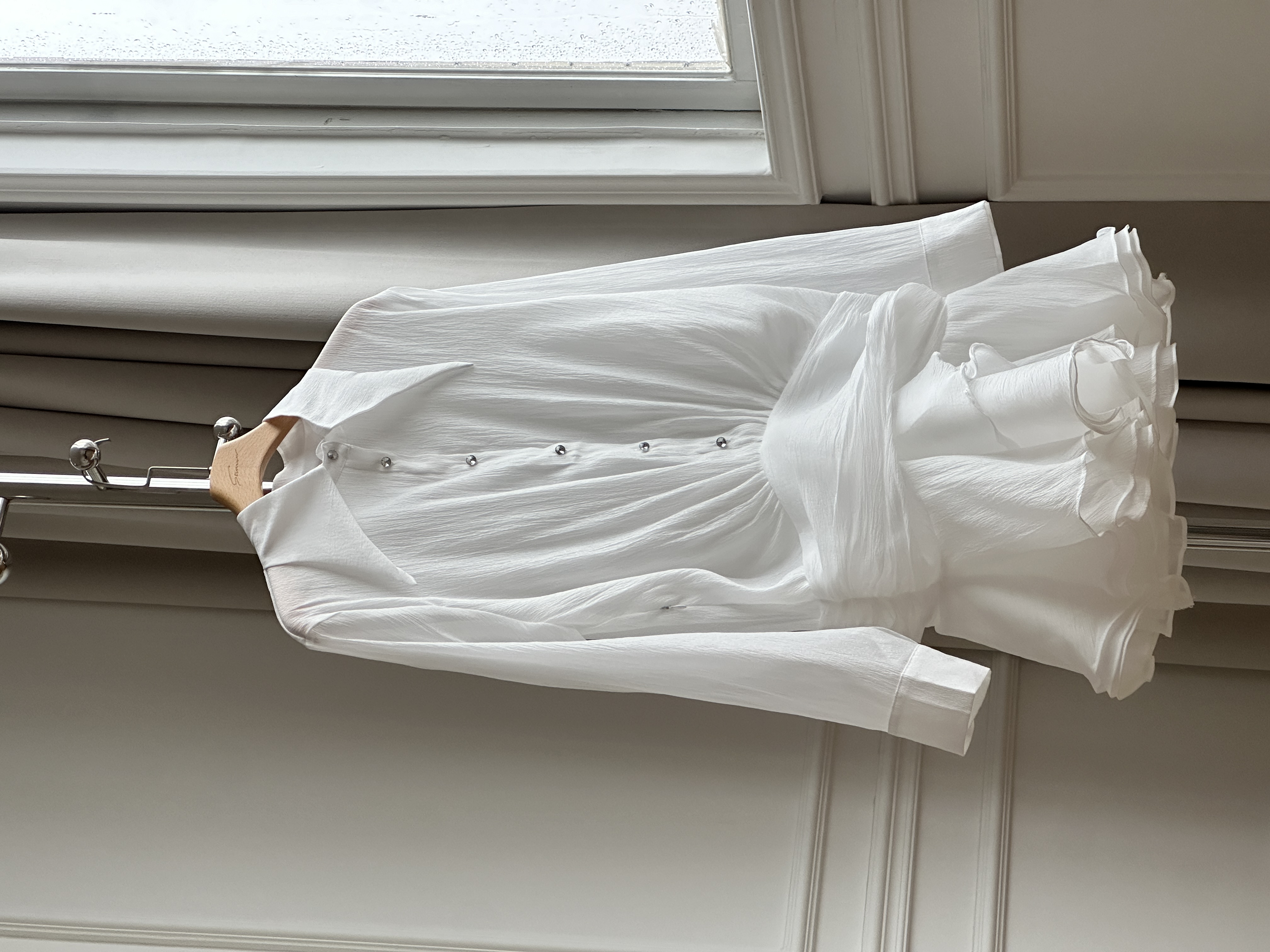 White Crinkled Texture Big Point Collar Waist Tie Ruffle Hem Shirt Mini Dress