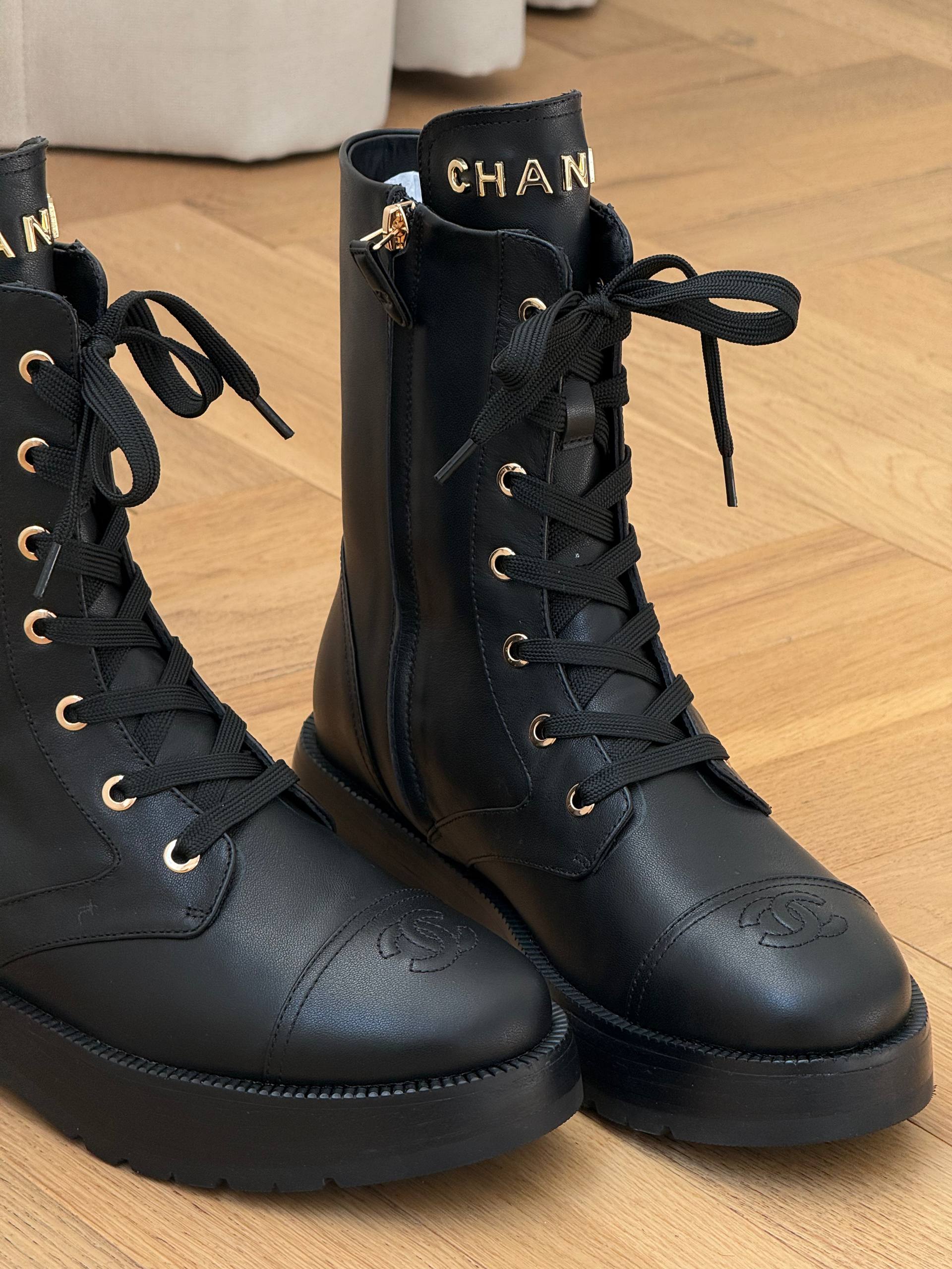 Chanel Calfskin Logo Combat Lace-Up Boots