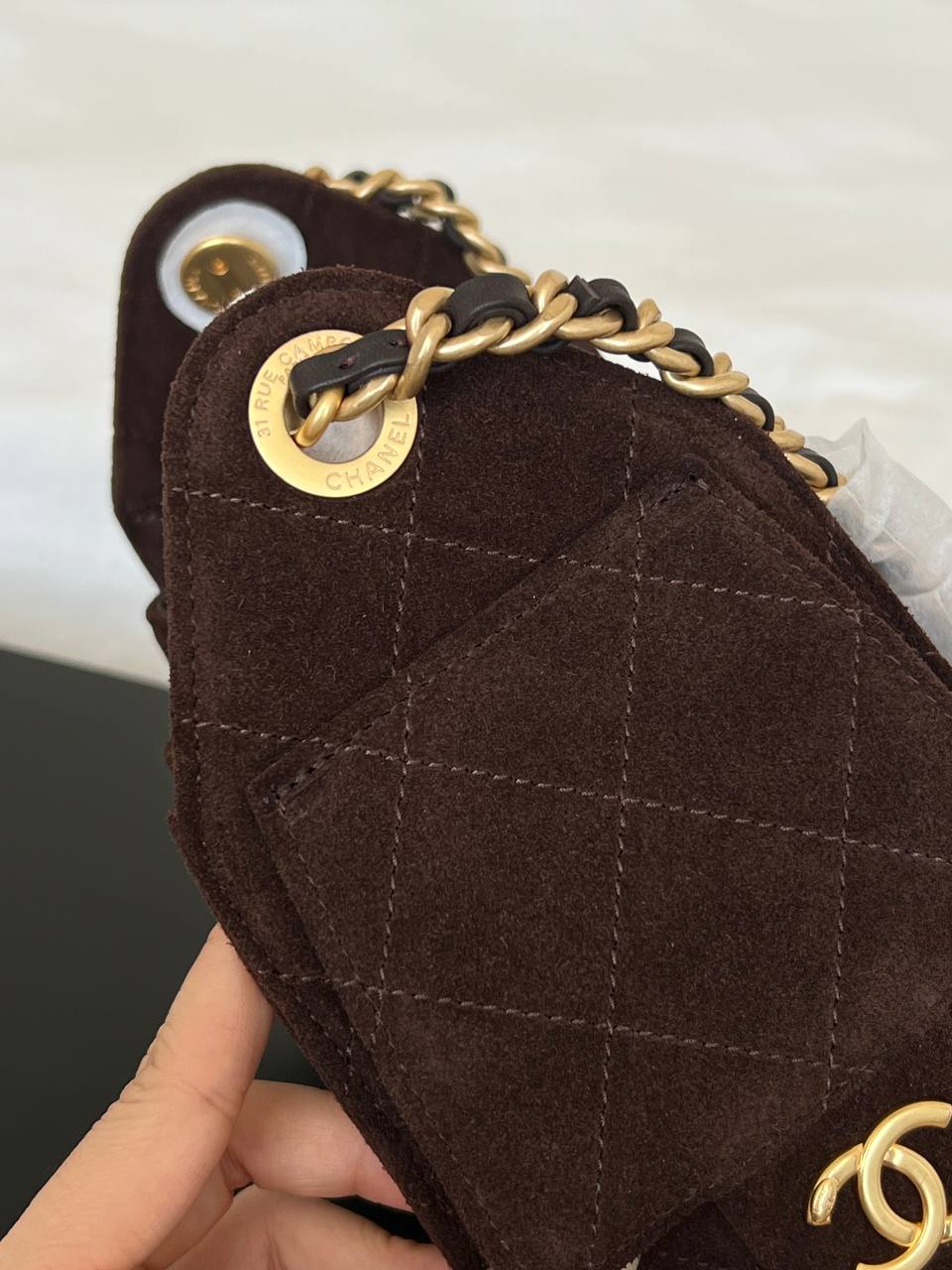 Chanel Dark Brown Suede Quilted CC Lock Drawstring Chain Hobo Underarm Bag