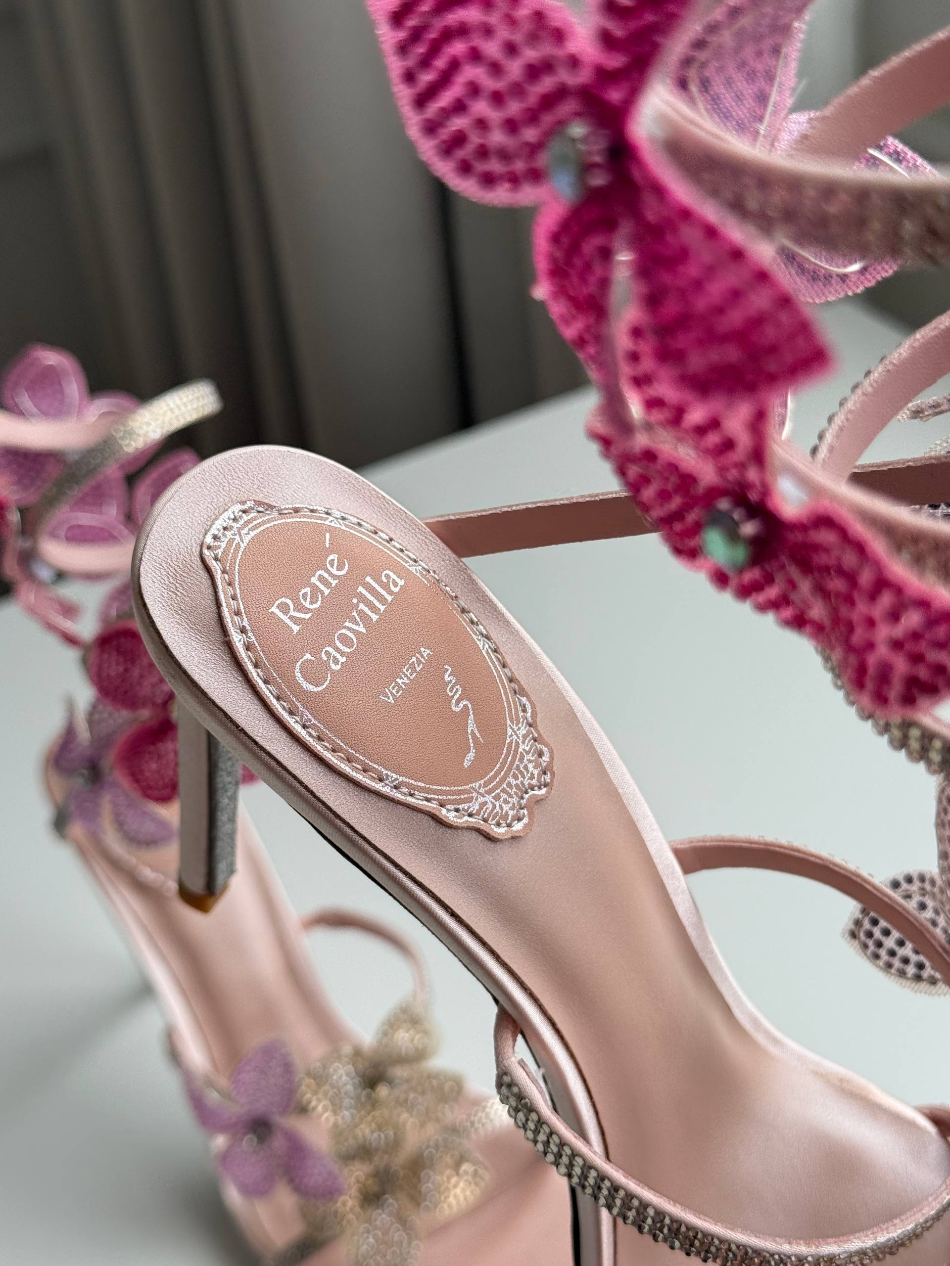 Rene Caovilla Gradient Crystal Flower Wrap-Around Ankle Strap High Heel Sandals