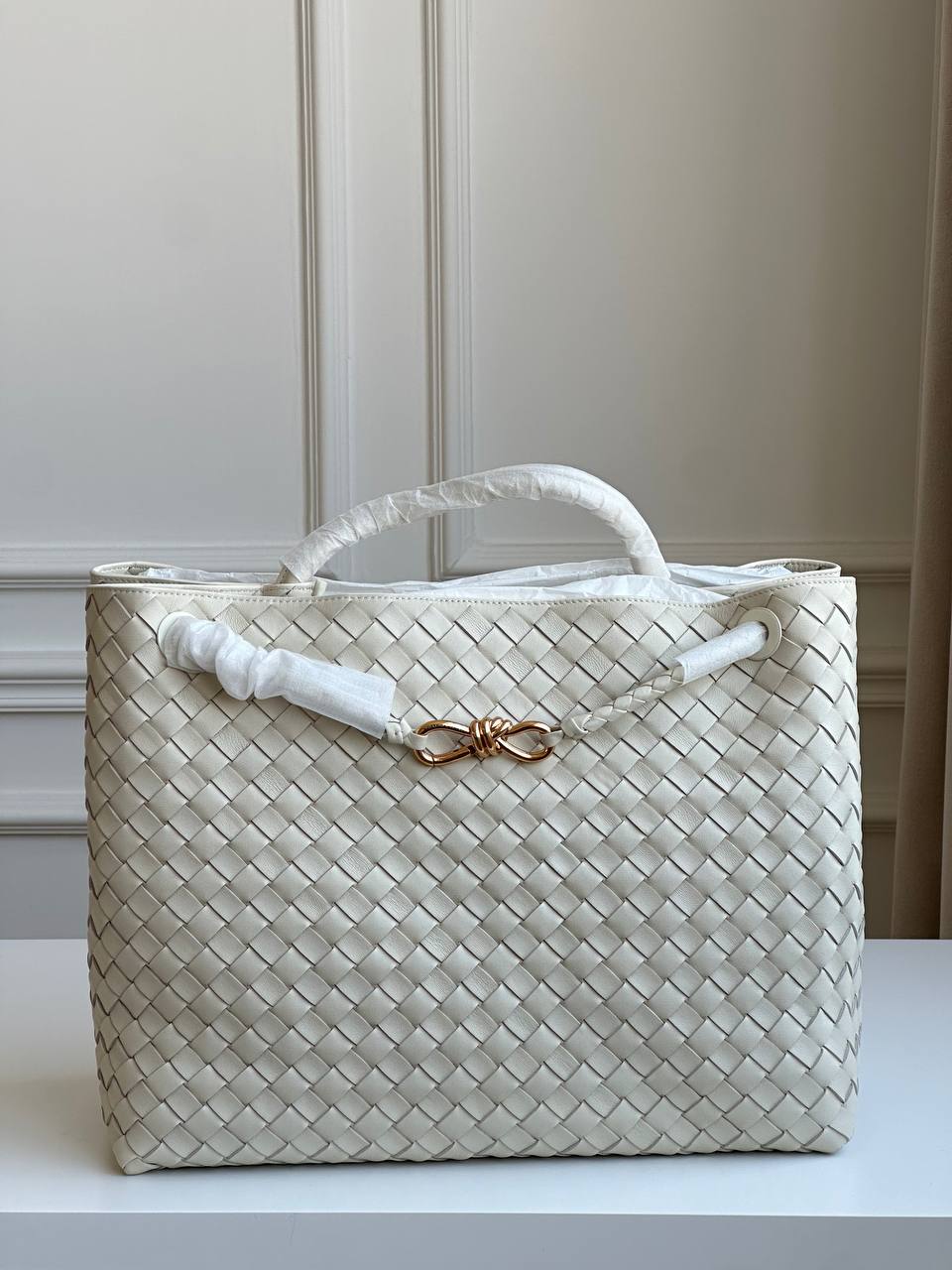 Bottega Veneta Off-White Intrecciato Hand-Woven Leather Knot Buckle Large Work Tote Bag
