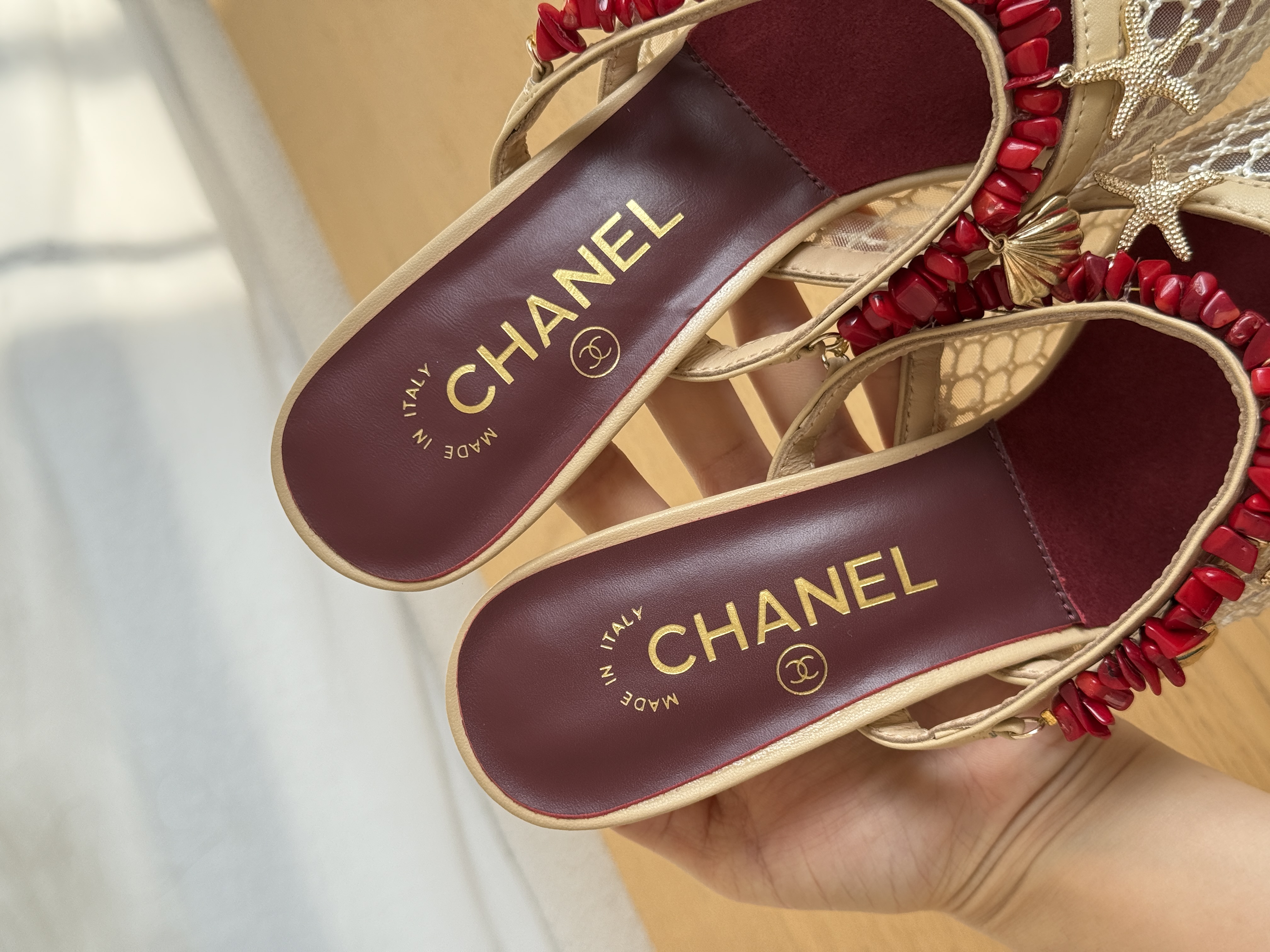 Chanel Mesh & Leather Red Bead Ocean Charm Block Heel Open-Toe Mule Sandals