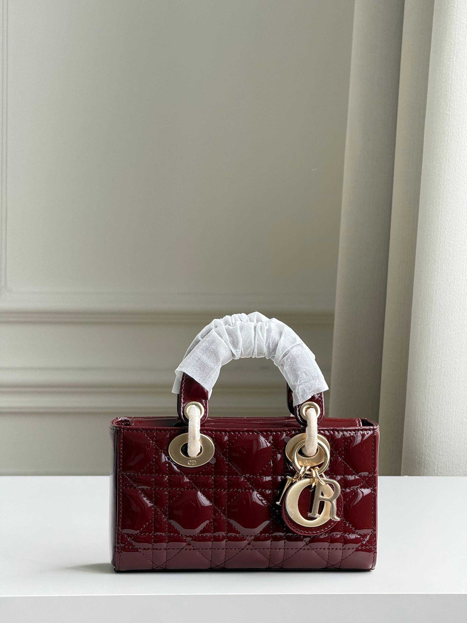 Mini Burgundy Patent Leather Cannage Horizontal Lady Dior Bag