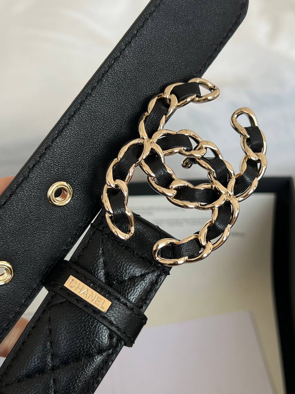 CHANEL Interwoven Chain CC Buckle Quilted Calfskin Belt