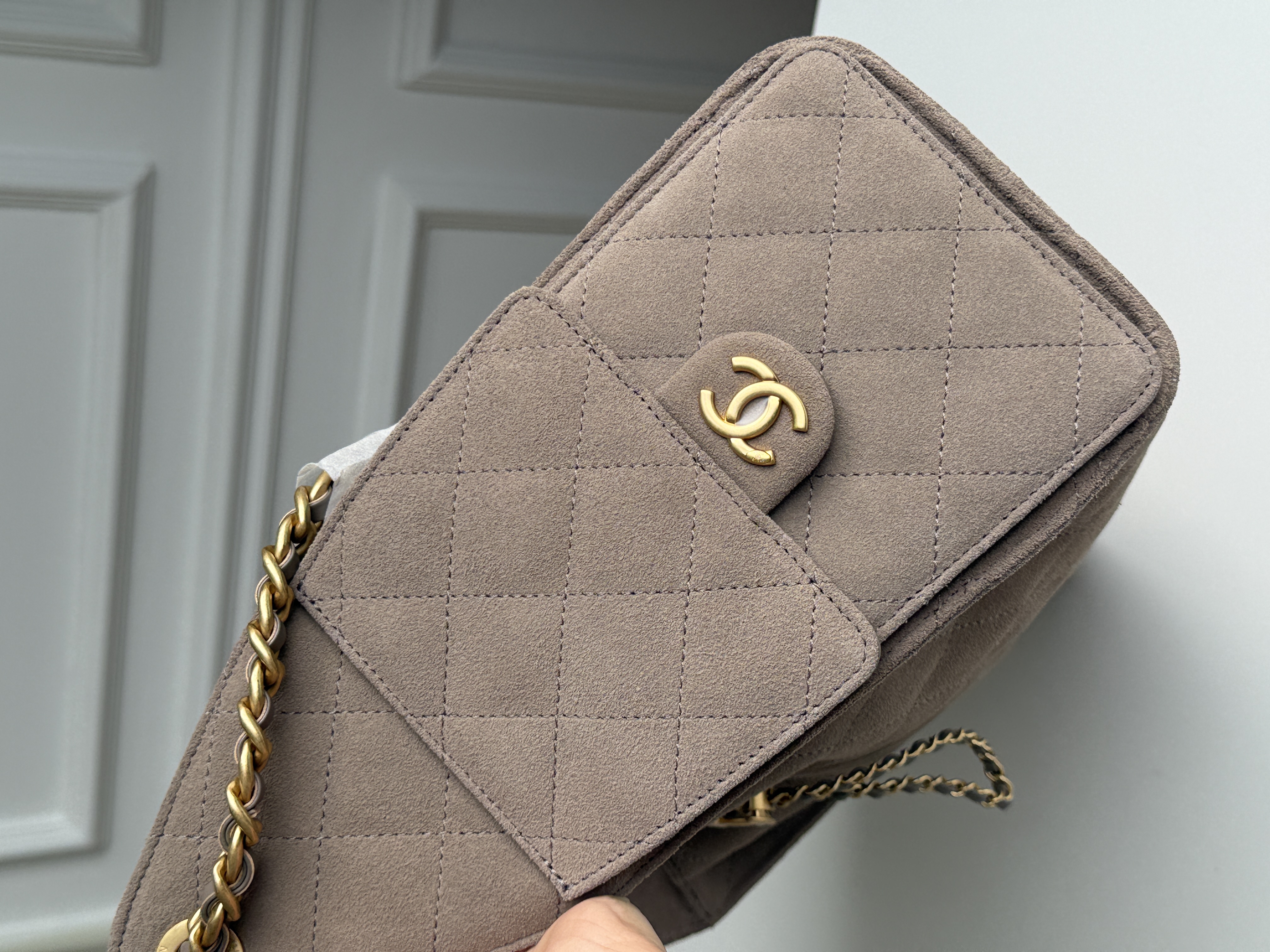 Chanel 25A Suede Quilted Drawstring Hobo Tote Bag