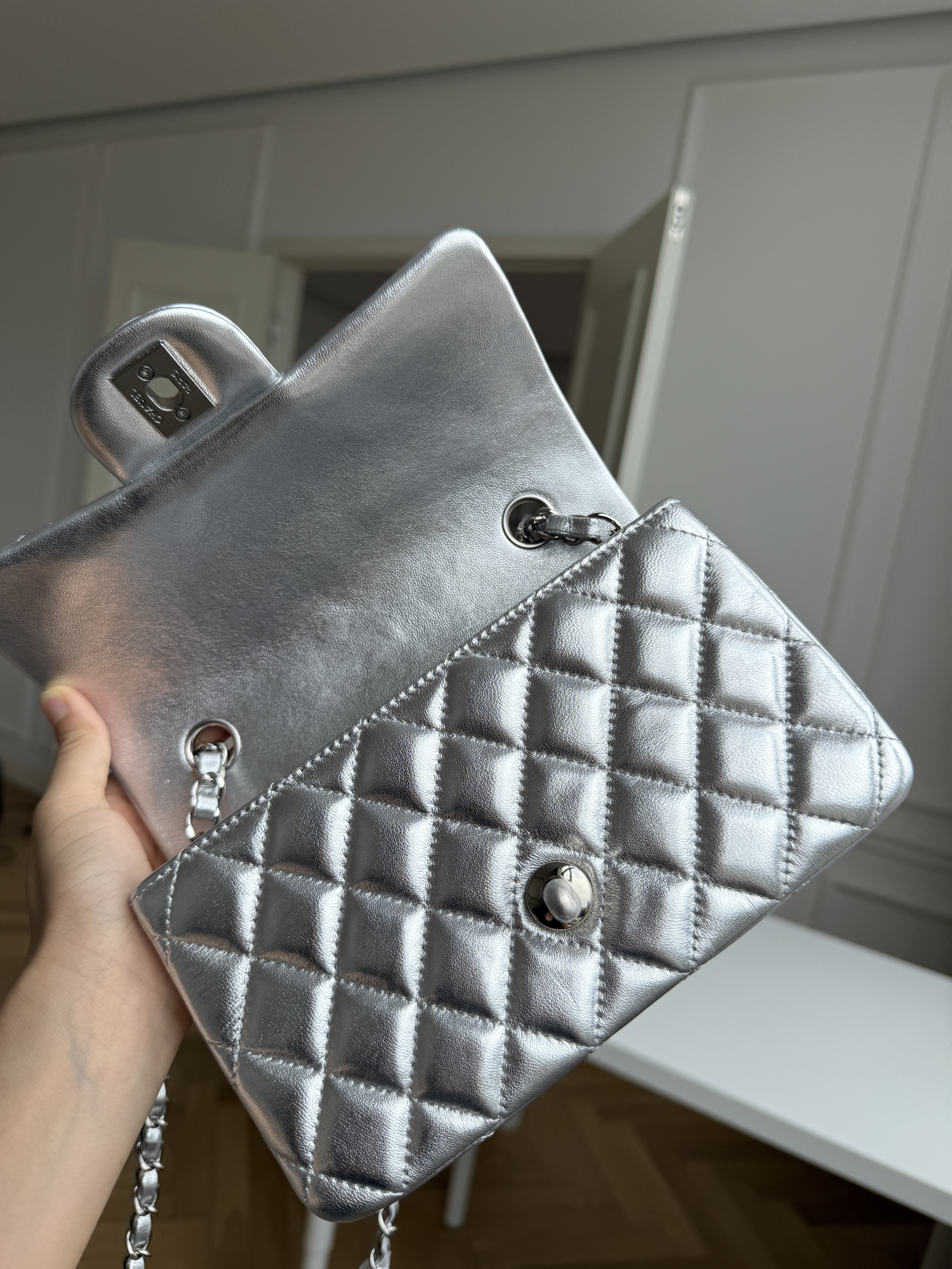 Chanel Silver Metallic Lambskin Mini Classic Flap Silver CC Chain Bag
