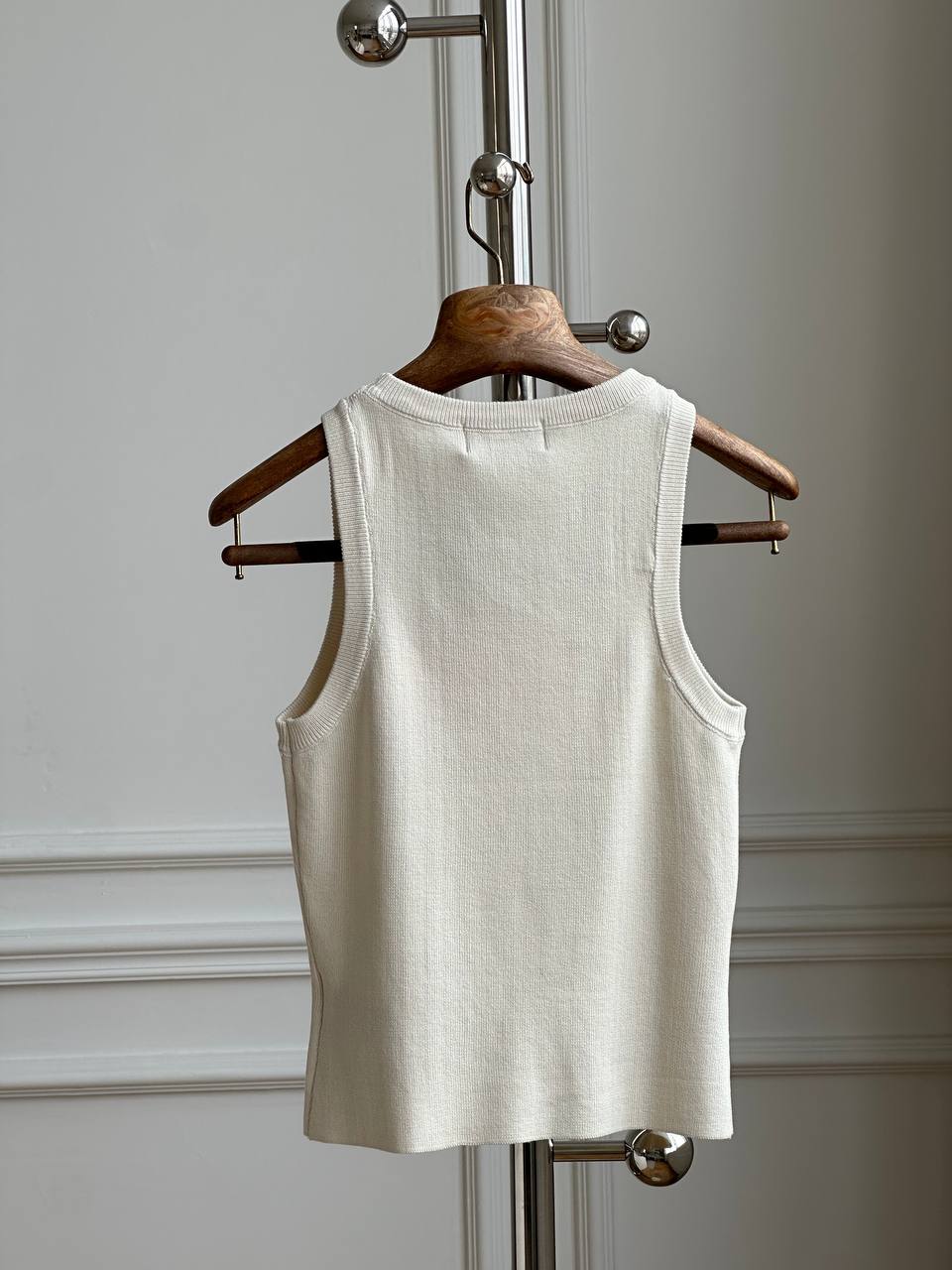 Miu Miu Off White Crew Neck Rib Knit Tank Top With Pink Crystal Logo