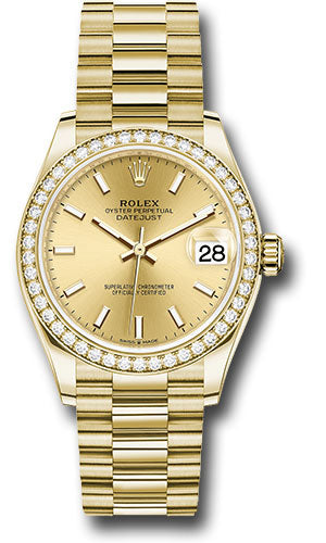 Rolex Yellow Gold Datejust 31 Watch - Diamond Bezel - Champagne Index Dial - President Bracelet - 278288RBR chip【1:1 Replica】