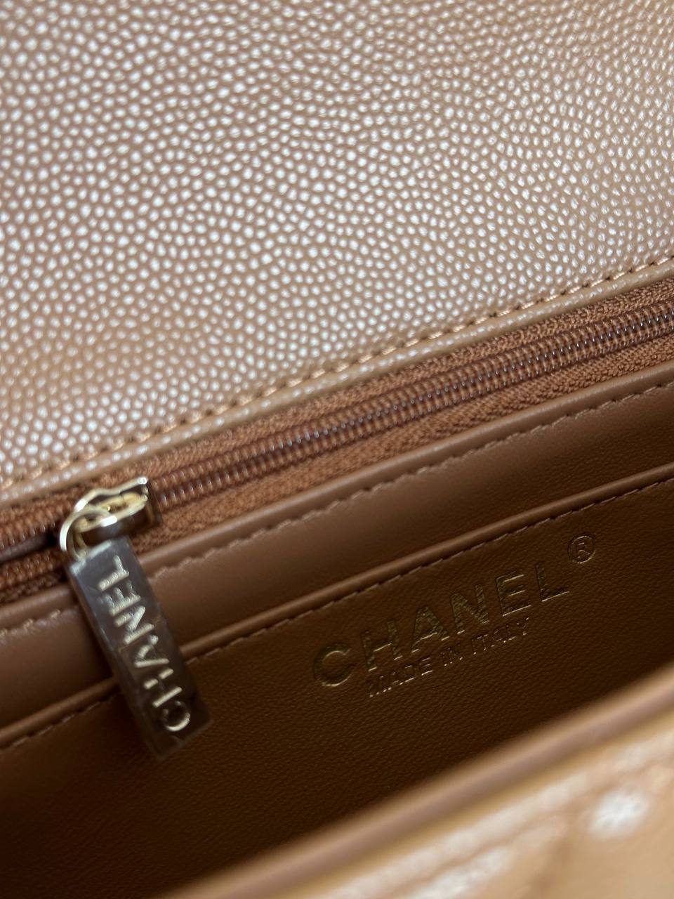 Chanel Milk Tea Caviar Leather Classic Flap Medium Light Gold Hardware Bag