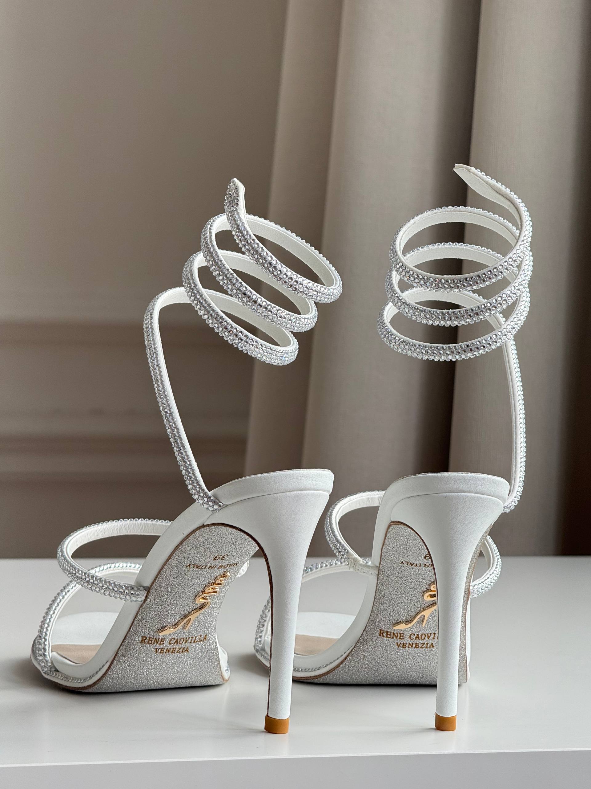 René Caovilla Cleo Crystal-Embellished White Satin Sandals