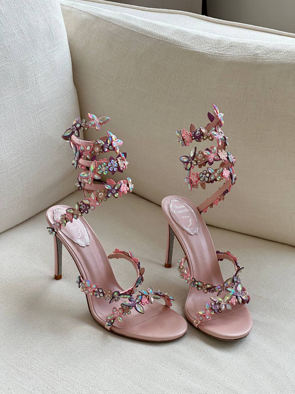 Rene Caovilla Iridescent Crystal Butterfly Spiral-wrap Stiletto Sandals