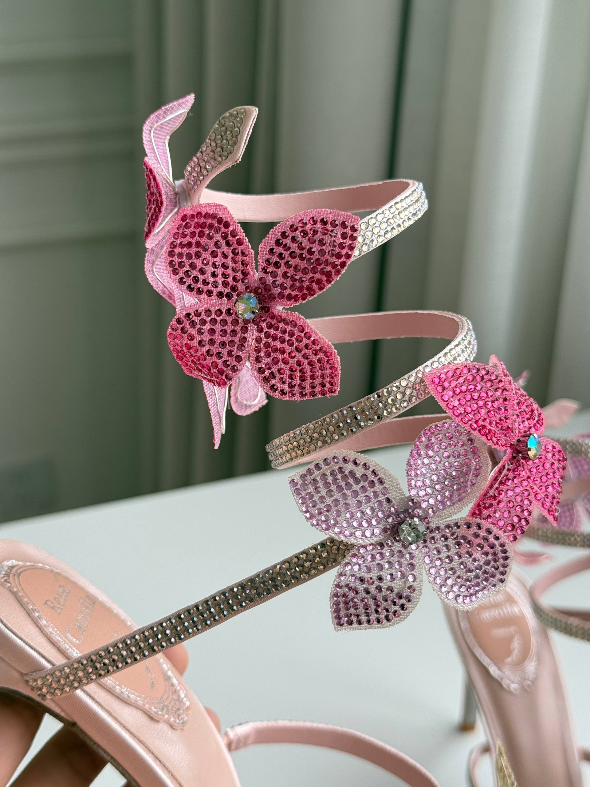 Rene Caovilla Gradient Crystal Flower Wrap-Around Ankle Strap High Heel Sandals