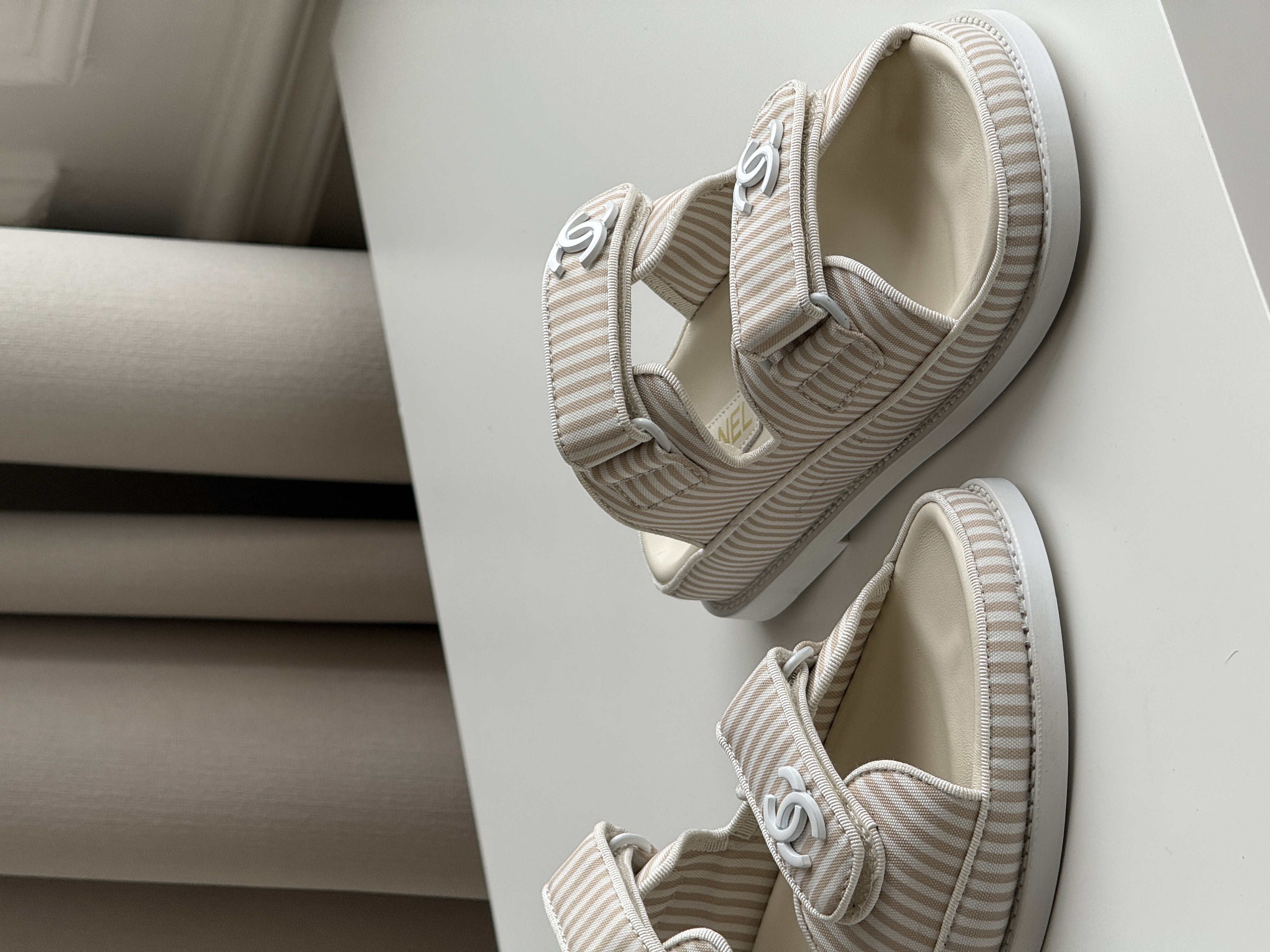 Chanel Beige Coffee Striped Canvas Double Strap CC Logo Flat Slide Sandals