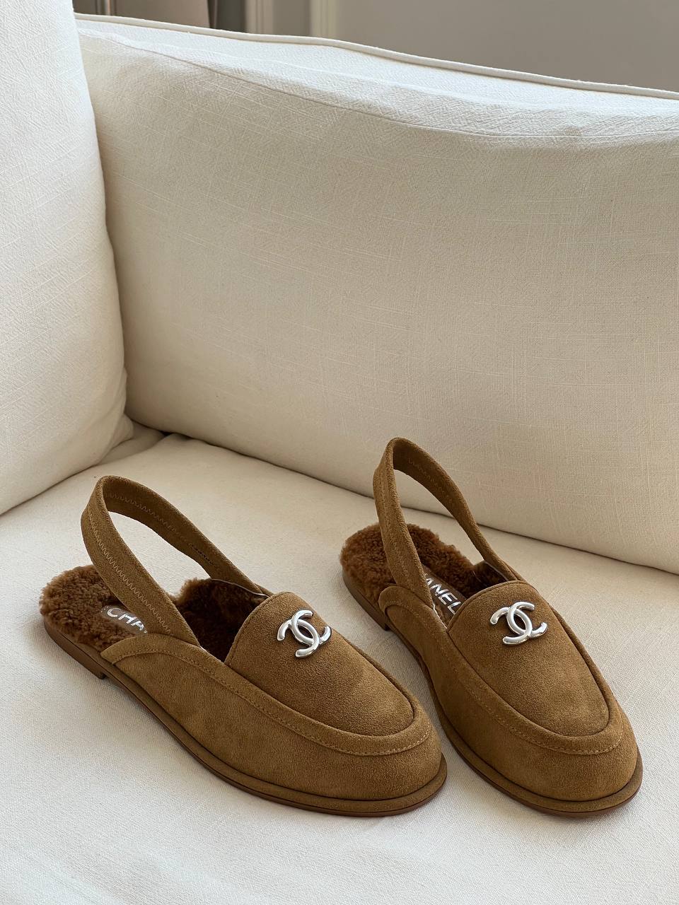 CHANEL Shearling Lined Suede Slingback Loafer Mules