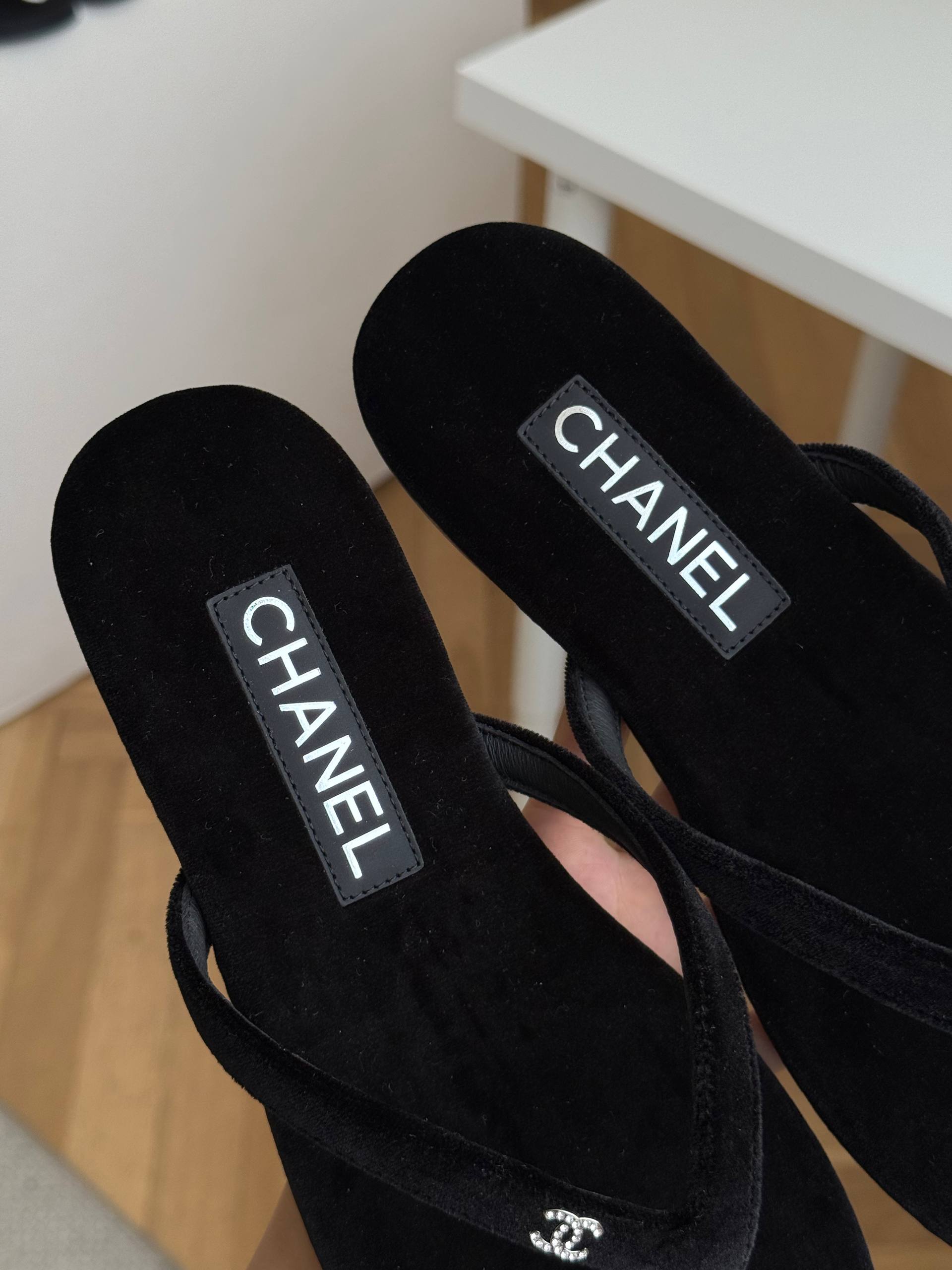 Chanel Velvet Crystal CC Logo Flip Flops