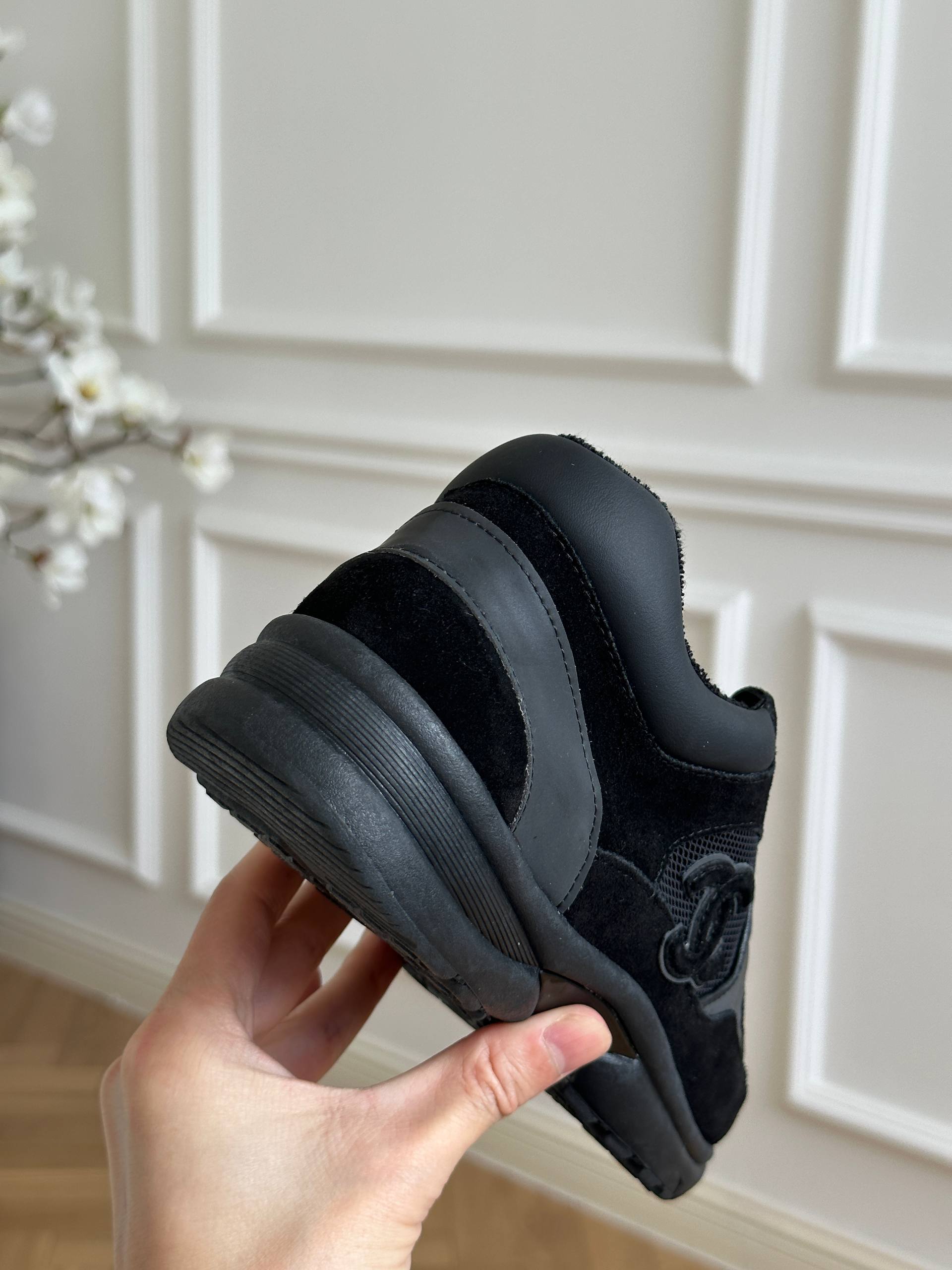 Chanel All-black Suede Mesh Panel CC Logo Low Top Sneakers