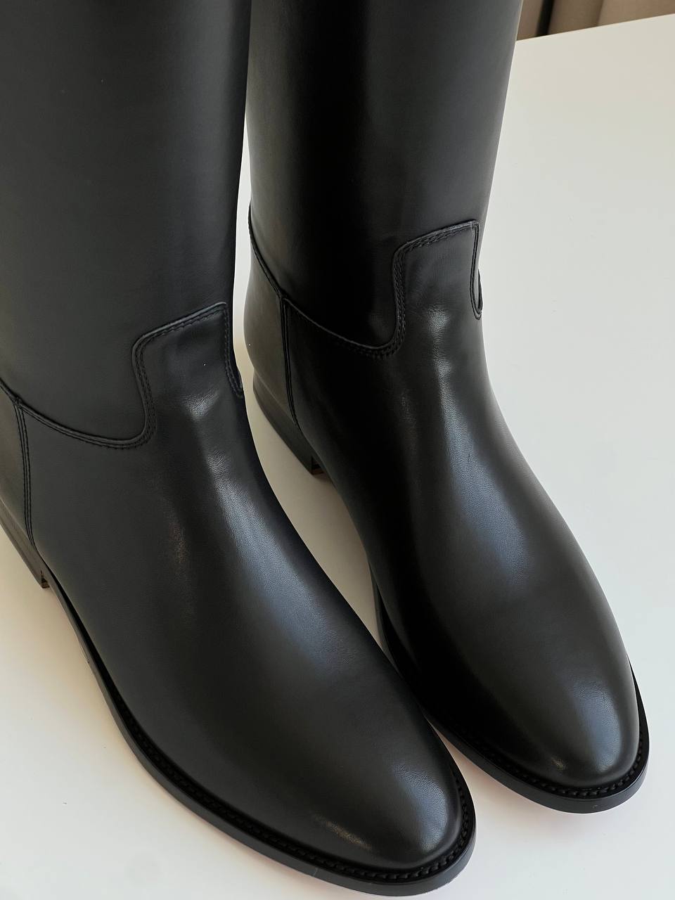 Black Smooth Leather Buckle Strap Low Heel Straight Knee-High Riding Boots