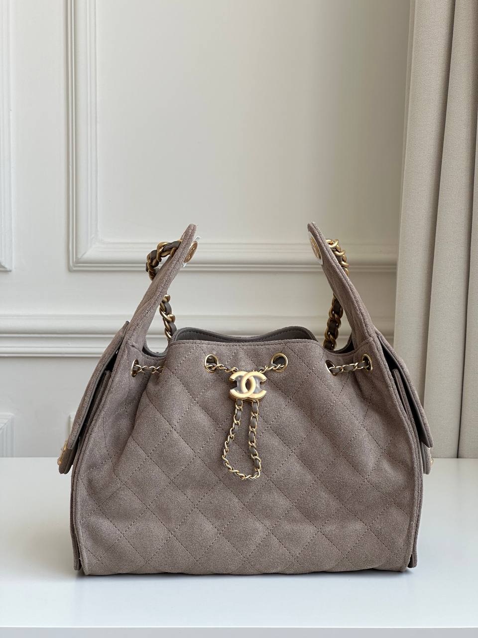 Chanel Taupe Suede Quilted Drawstring Chain Handle Tote Bag