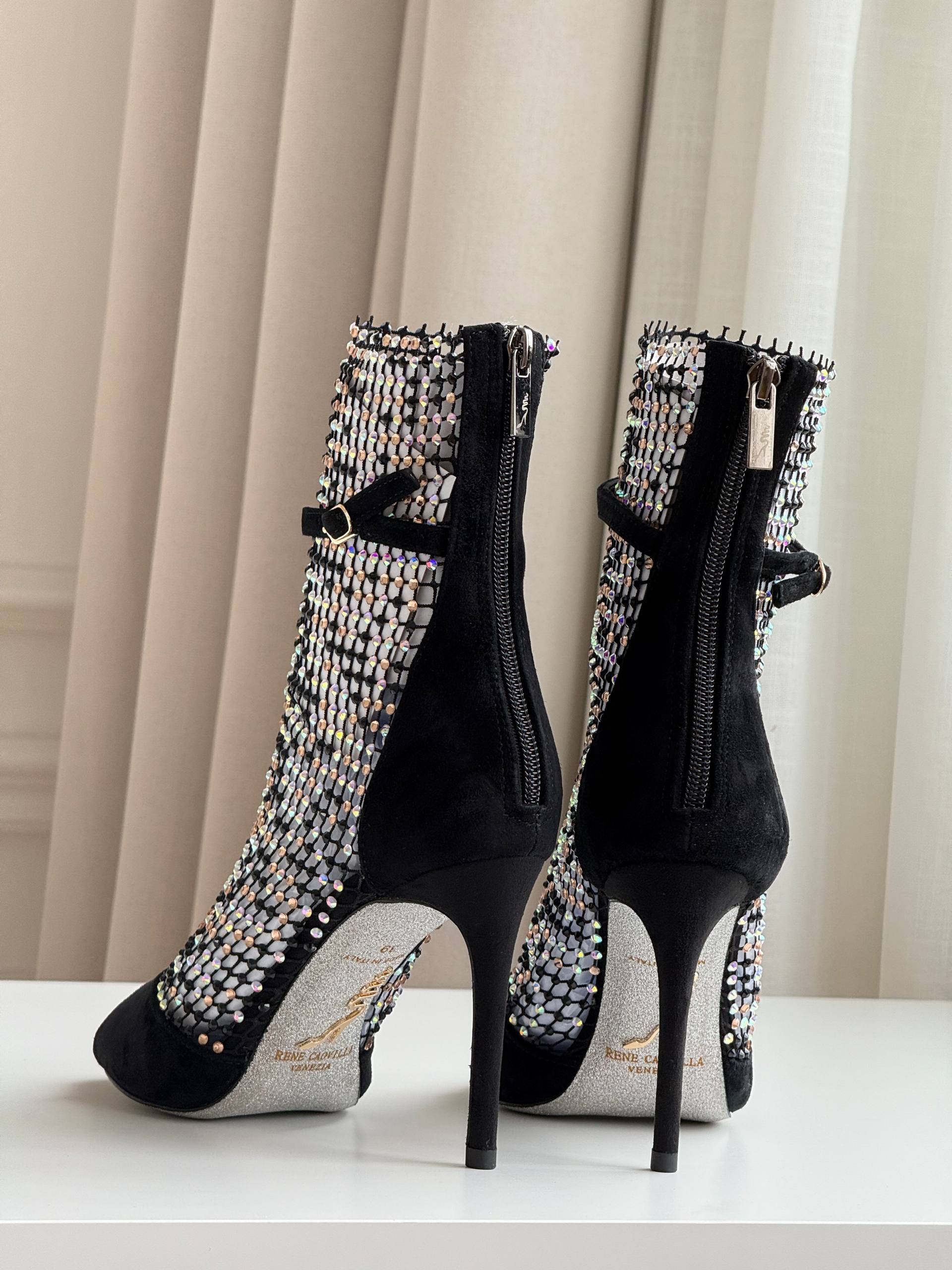Rene Caovilla Fishnet Crystal Open-Toe Stiletto Ankle Boots