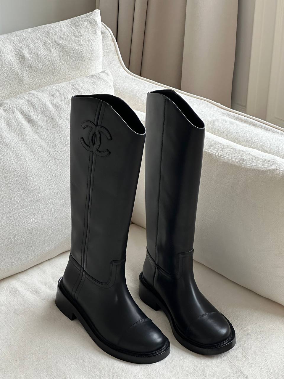 Chanel Black Calfskin Embossed CC Low Heel Knee-High Riding Boots