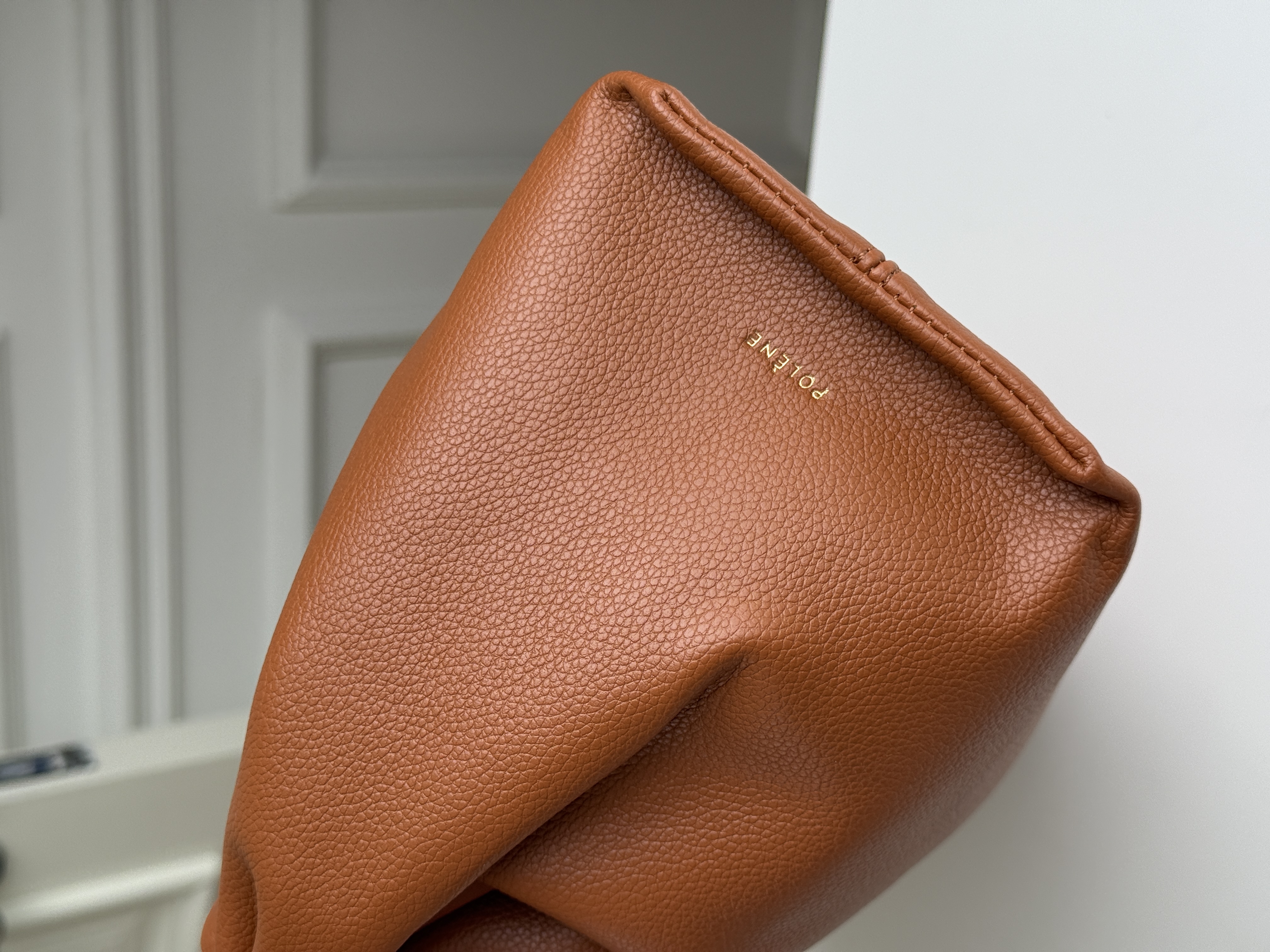 Caramel Brown Pebbled Soft Leather Ruched Handle Lazy Cloud Tote Bag