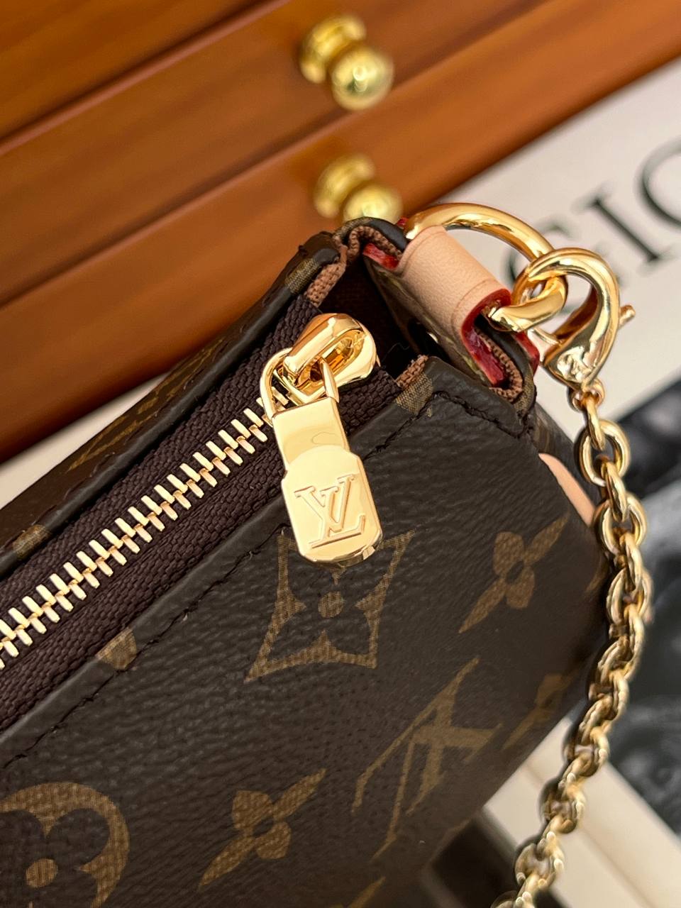 Louis Vuitton Monogram Zip Shoulder Bag with Gold Nameplate Chain Strap