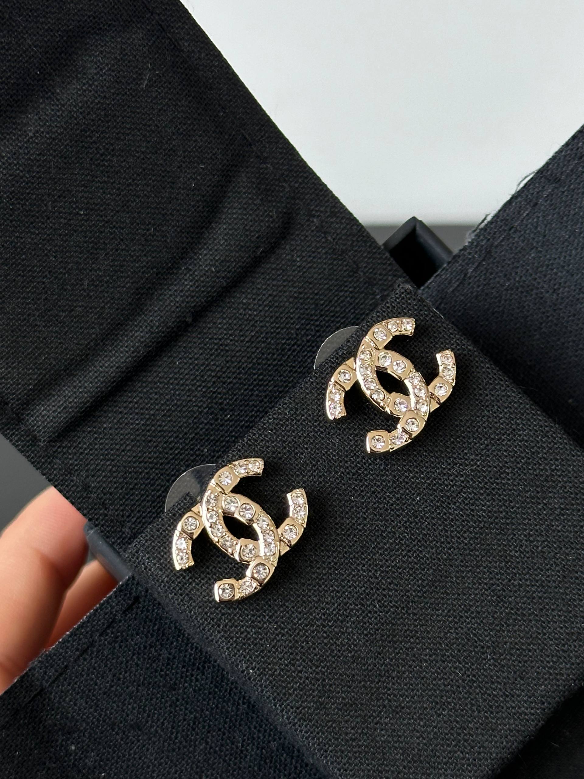 Chanel Classic Interlocking CC Crystal Stud Earrings