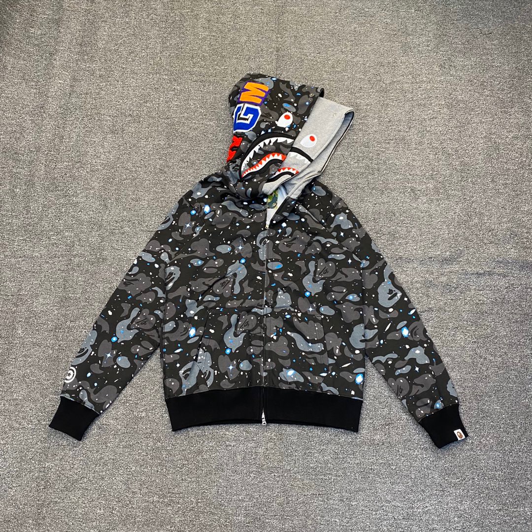 1:1 Best Quality starry sky Camo  2 Hood Zipper Hoodie Black