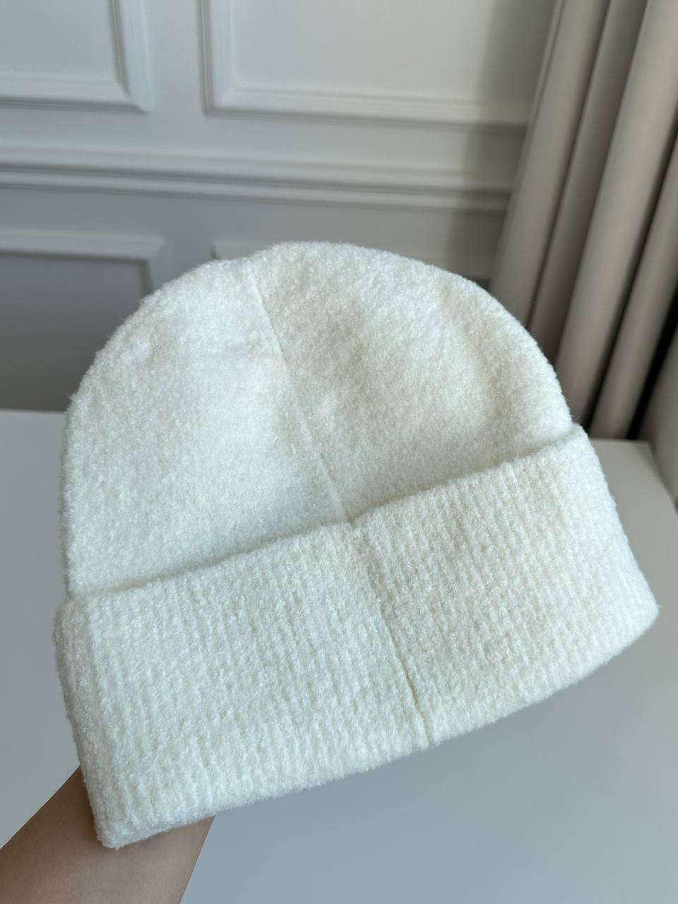 Chanel Cream White Fluffy Knit Beanie Hat With Rhinestone Interlocking CC Logo