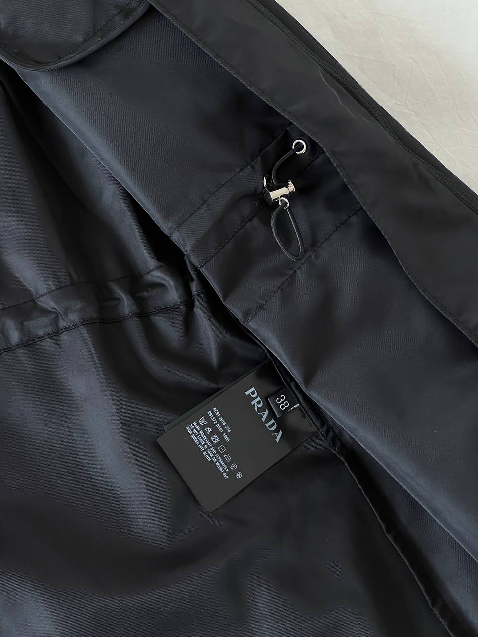 Prada Black Re-Nylon Triangle Logo Waisted Hooded Mid-length Trench Coat