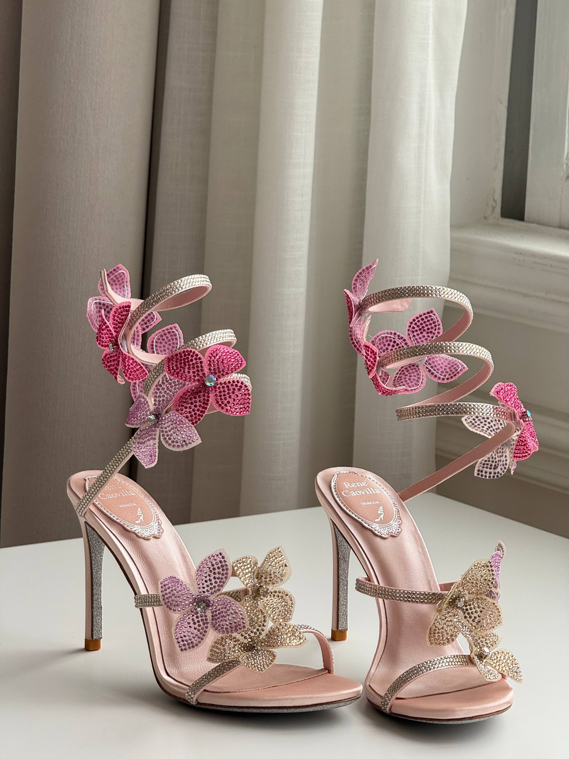 Rene Caovilla Gradient Crystal Flower Wrap-Around Ankle Strap High Heel Sandals