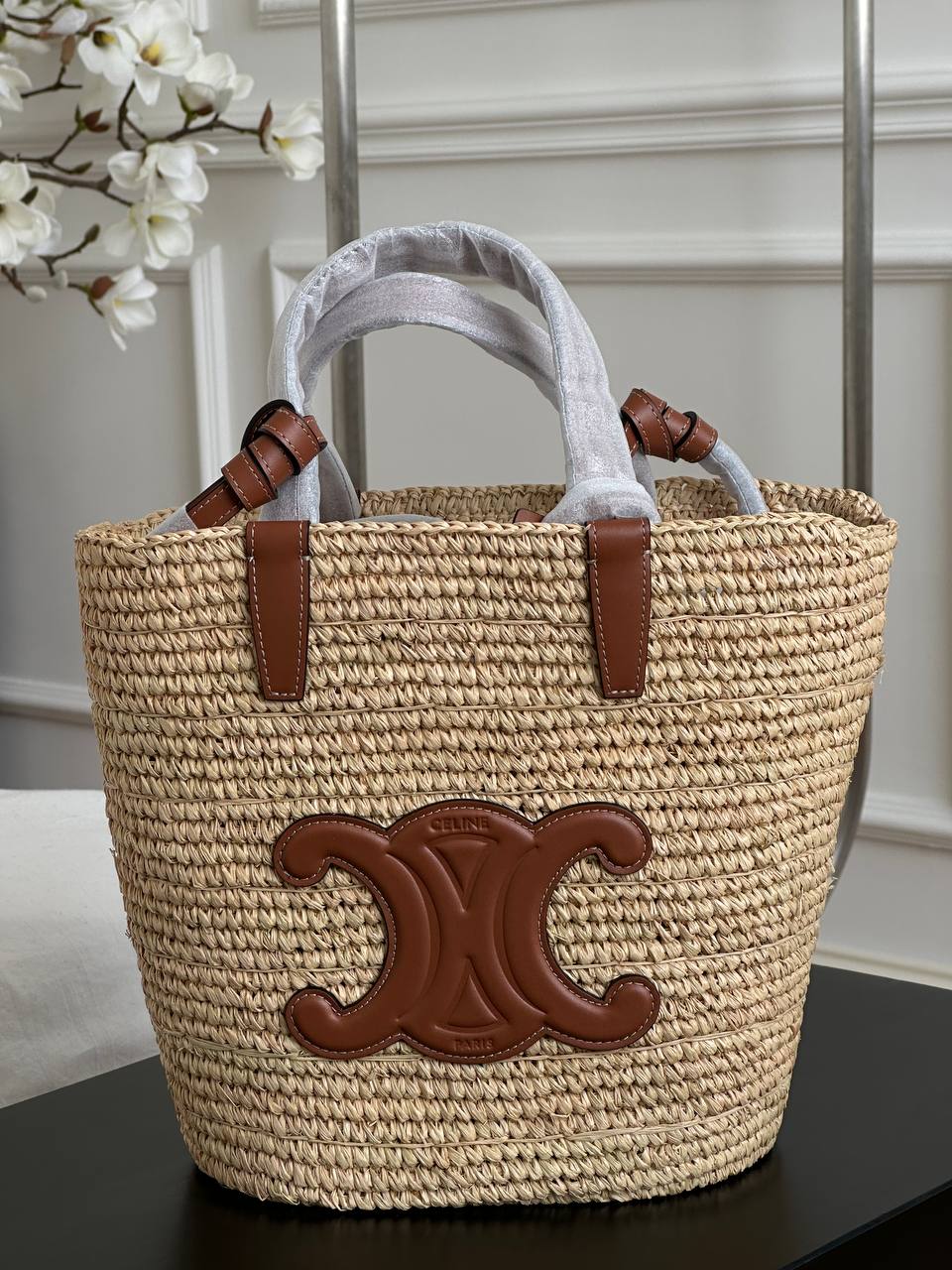 Celine Raffia Tote Bag with Triomphe Leather Patch