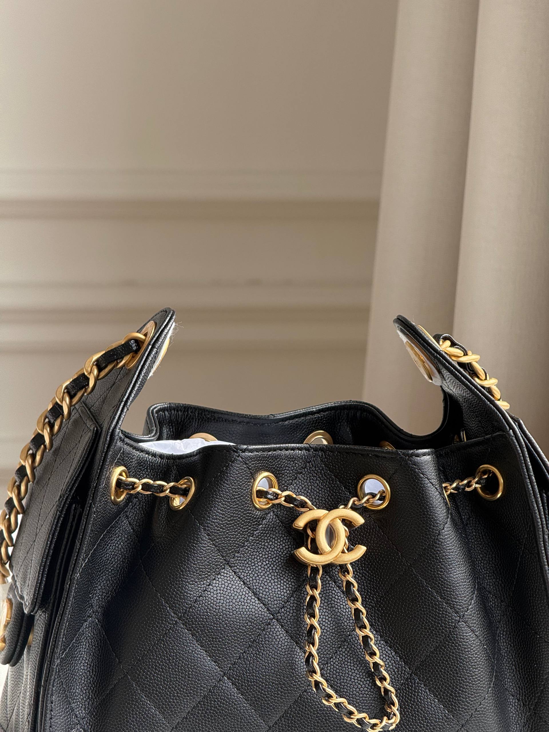 Chanel Caviar Leather Drawstring Bucket Bag with Chain Strap