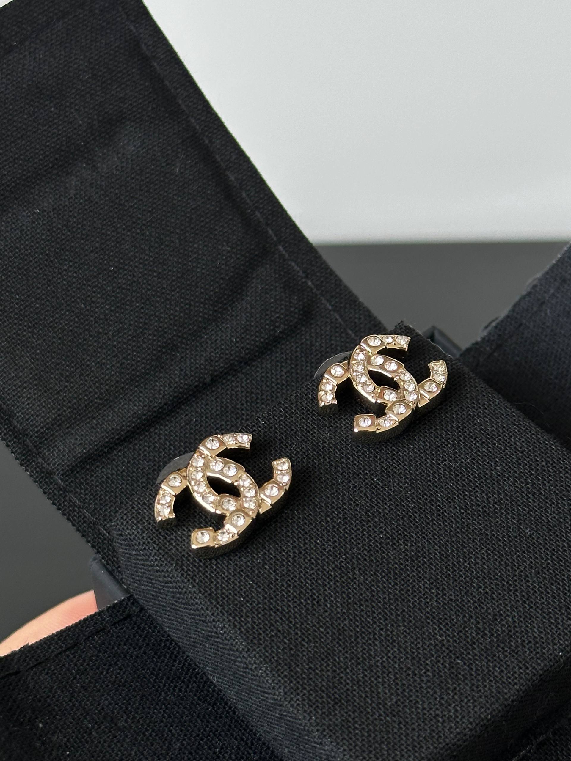 Chanel Classic Interlocking CC Crystal Stud Earrings
