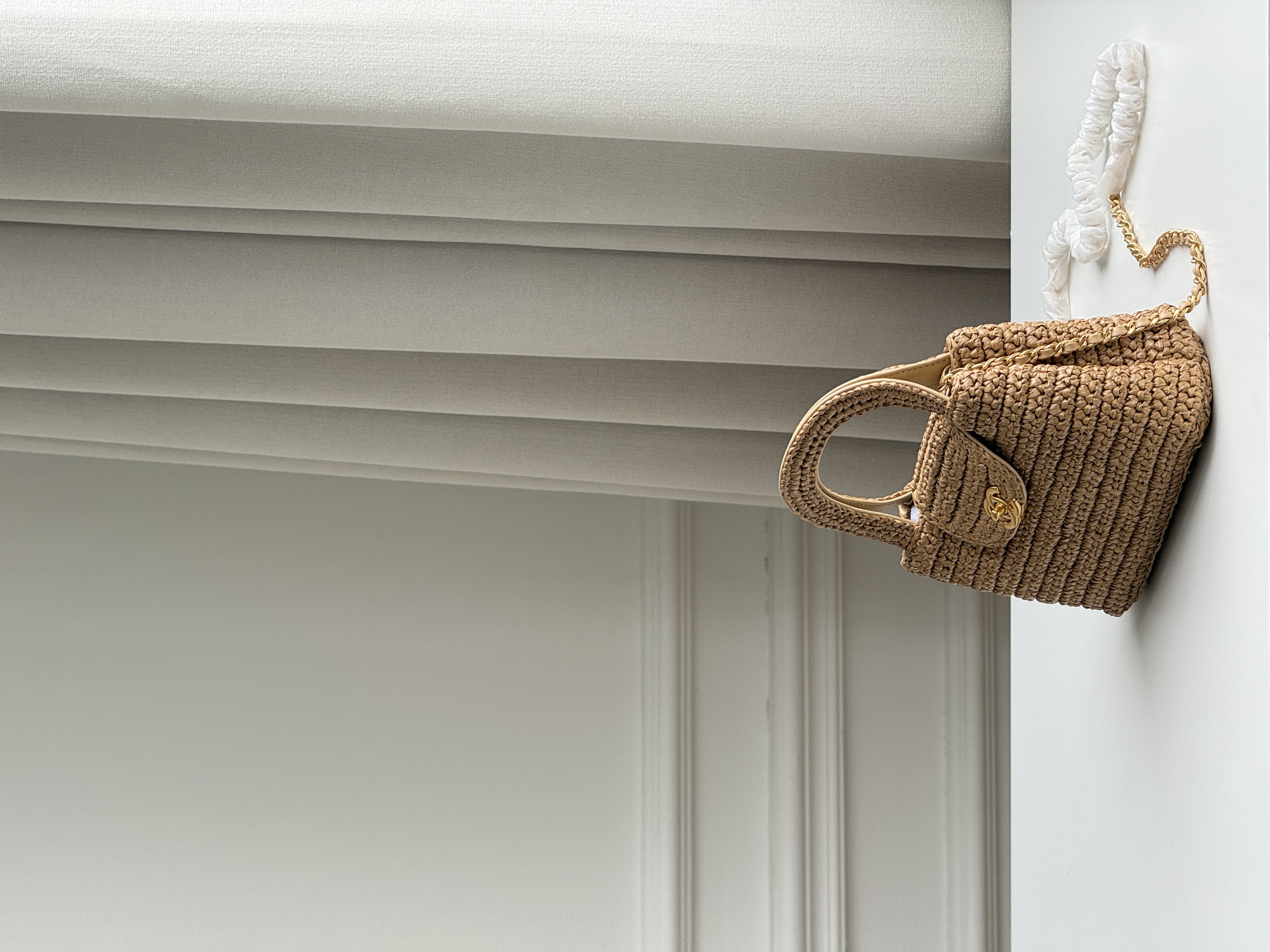 CHANEL Light Brown Raffia Woven Mini CC Flap Handbag