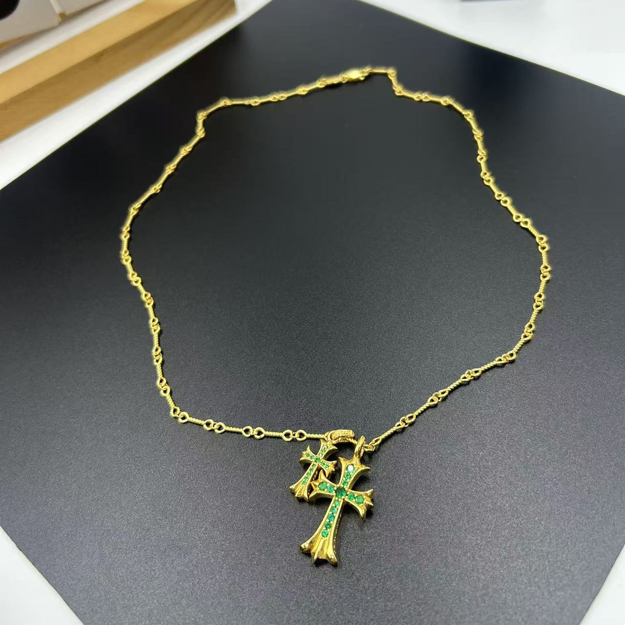 CHROME HEARTS 22K GOLD GREEN DIAMOND DOUBLE CROSS LAYERED NECKLACE