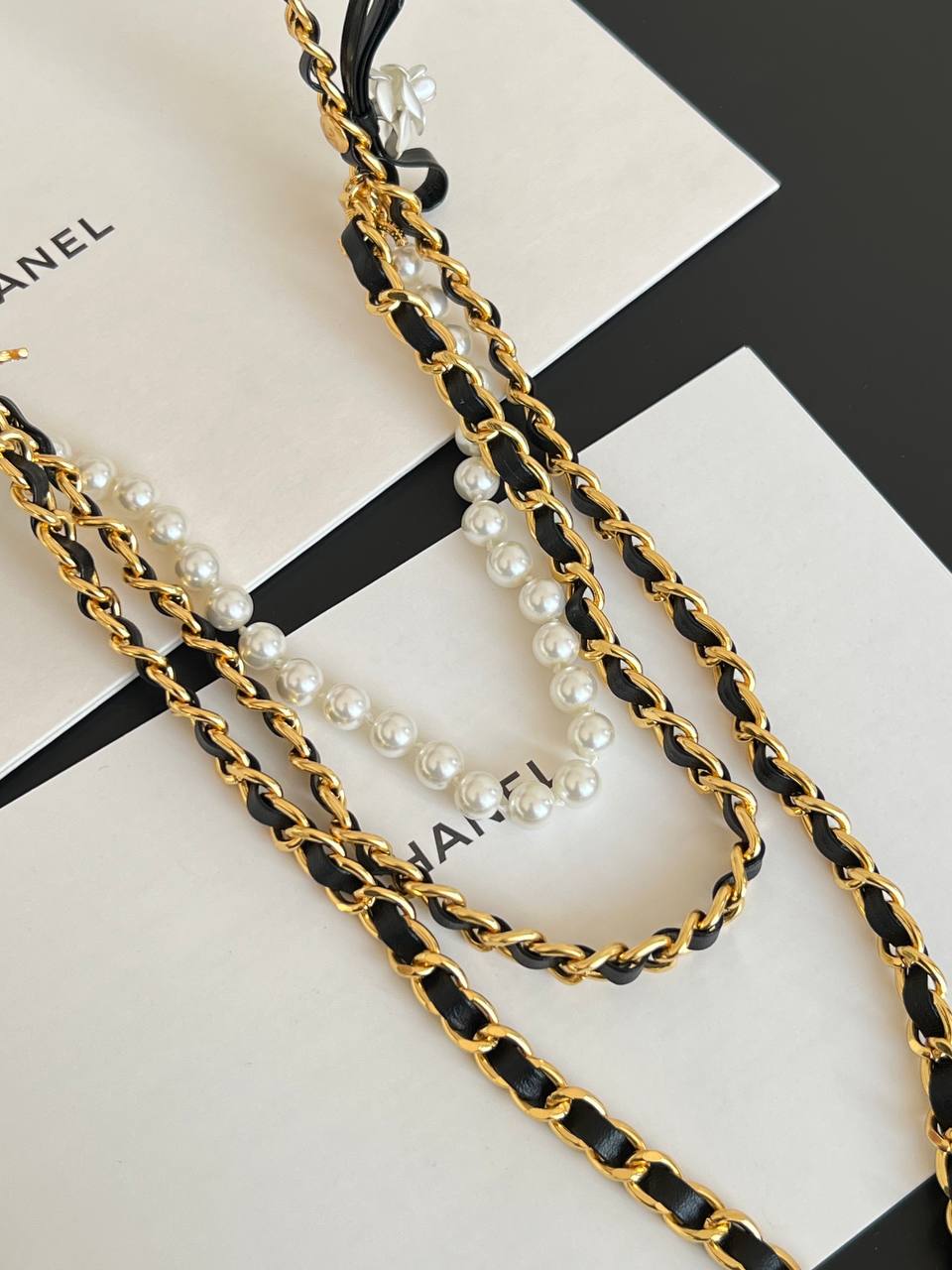 Chanel Leather Interwoven Metal Chain CC Pendant Necklace