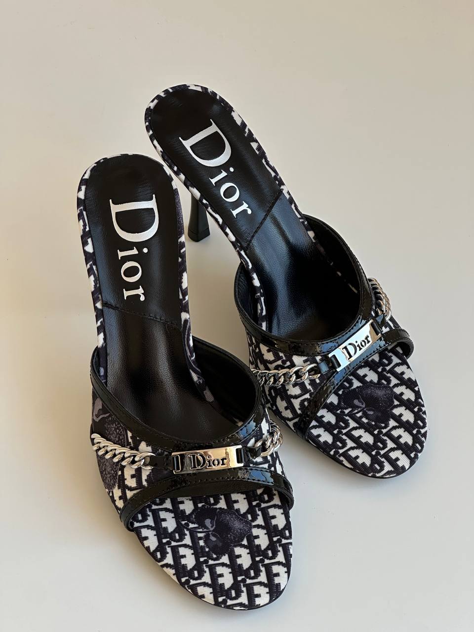 Dior Black & White Oblique Canvas Chain Logo Thin Heel Mule Slide Sandals