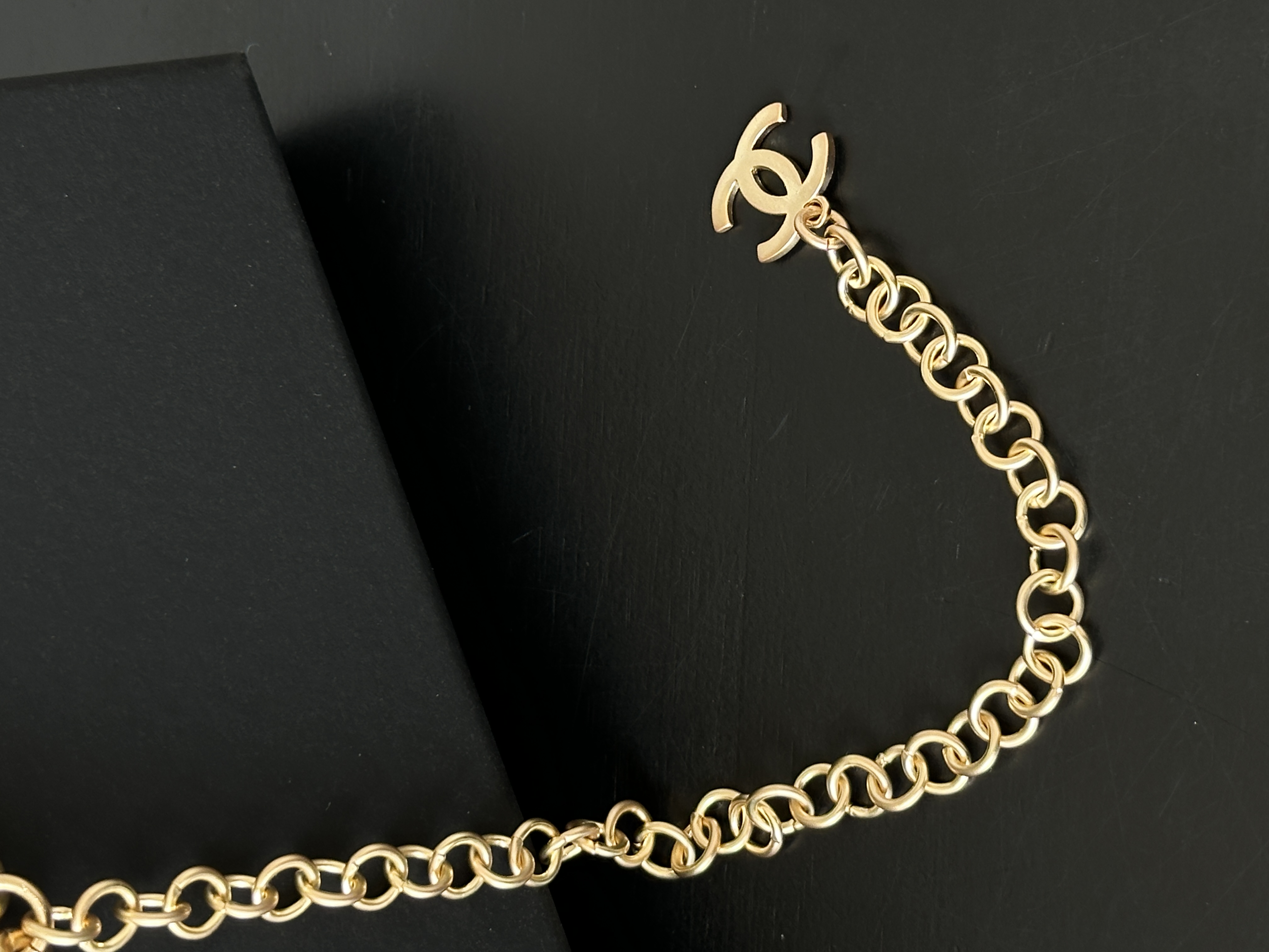 Chanel Light Gold Thick Cuban Chain Waist Belt With Crystal CHANE Letters, Star & Pearl Charms, Dual-Purpose As Necklace