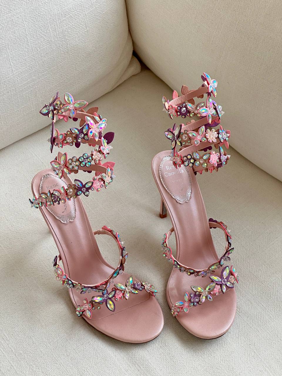 Rene Caovilla Iridescent Crystal Butterfly Spiral-wrap Stiletto Sandals