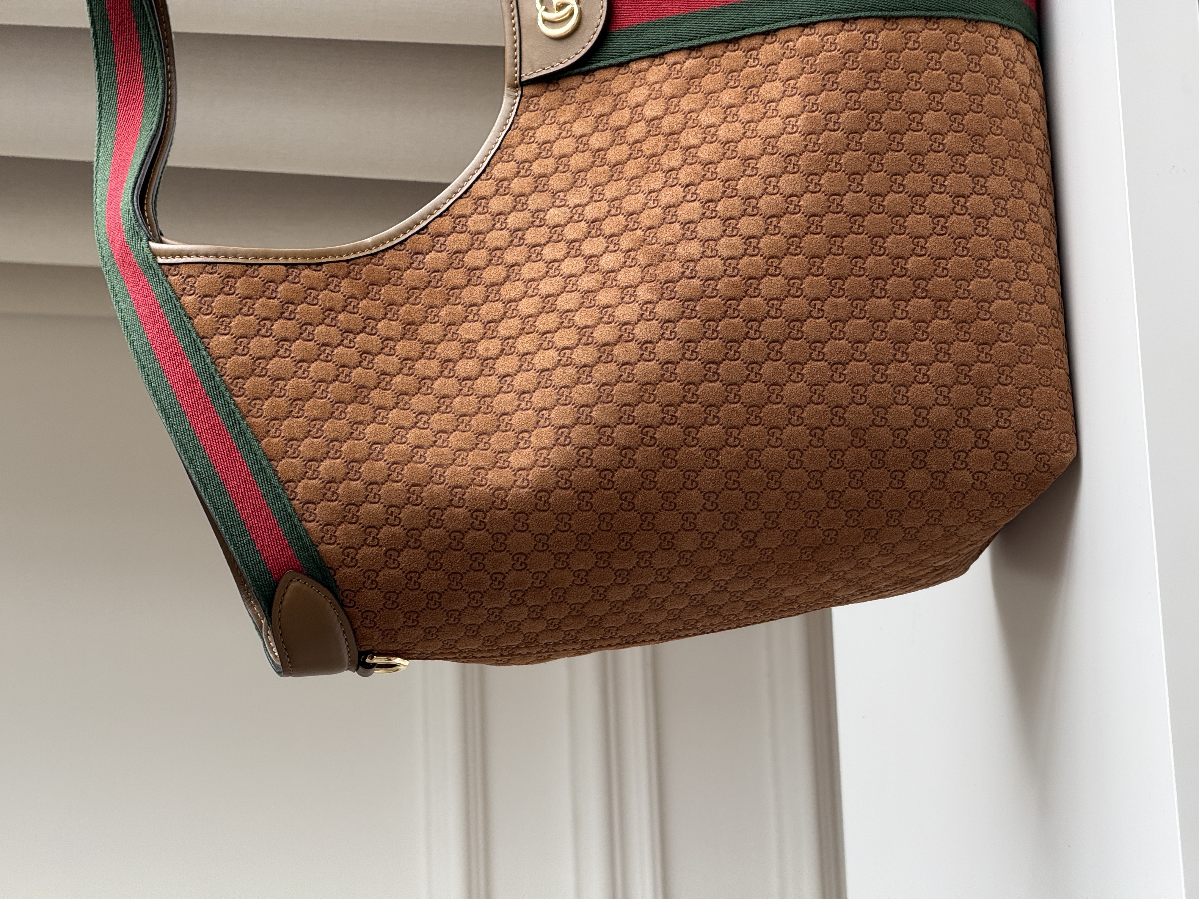 Gucci Caramel GG Monogram Suede Tote Handbag With Web Stripe & Double G Logo