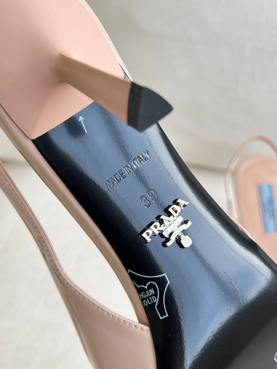 Prada Nude Patent Leather Pointed Toe Slingback Stiletto Heels