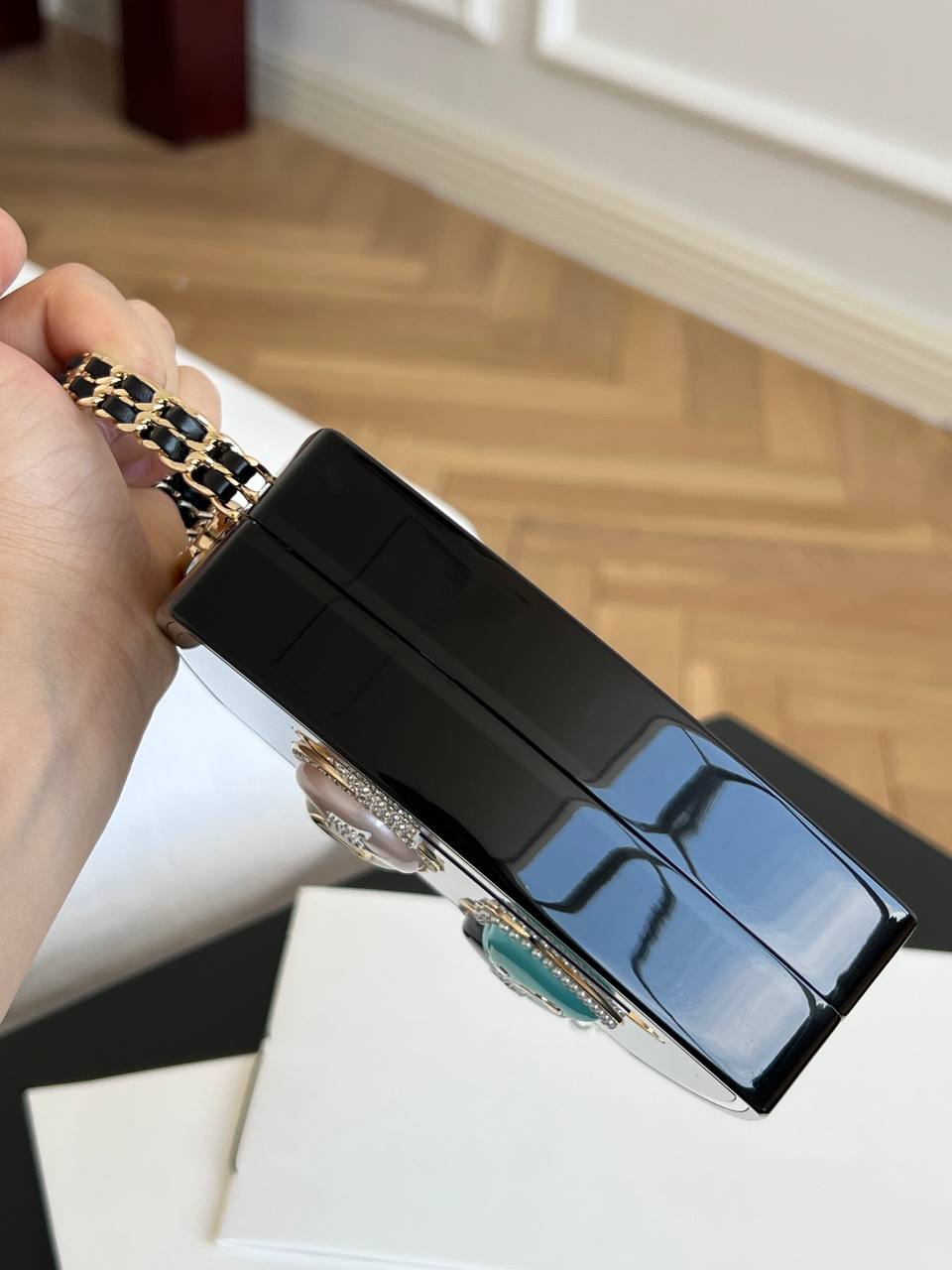 Chanel Black Lacquered Badge Ornament Metal Handle Mini Box Evening Bag