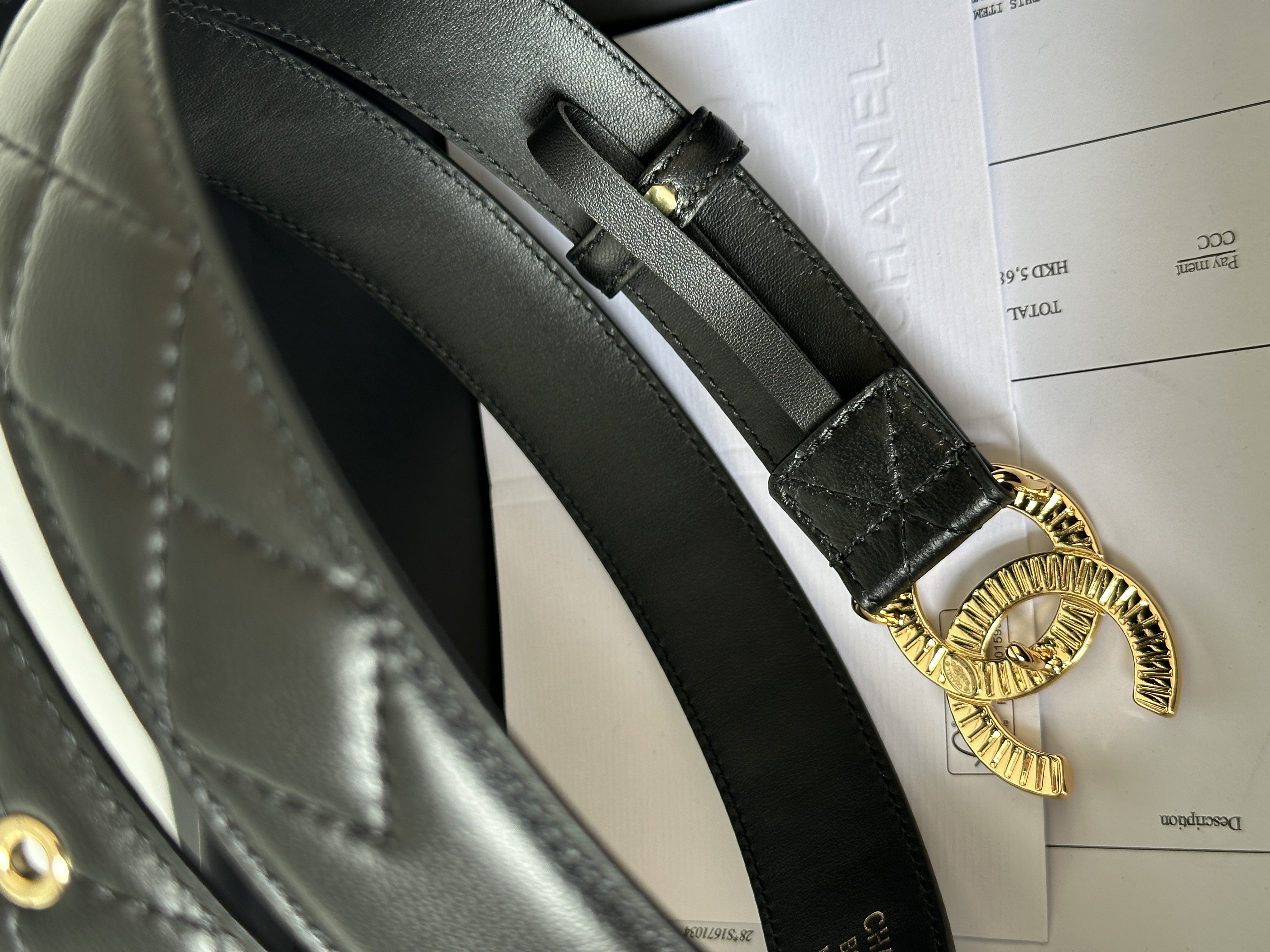 Chanel Black Quilted Belt with Gold-tone Double C Buckle